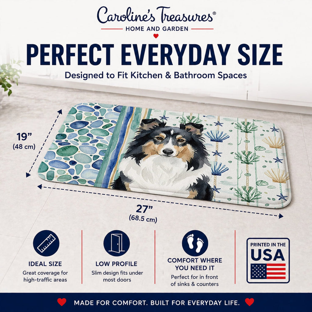 Tricolor Sheltie Coastal Sea Glass Memory Foam Kitchen Mat Machine Washable Anti-Fatigue Cushion Comfort Bath or Kitchen Rug