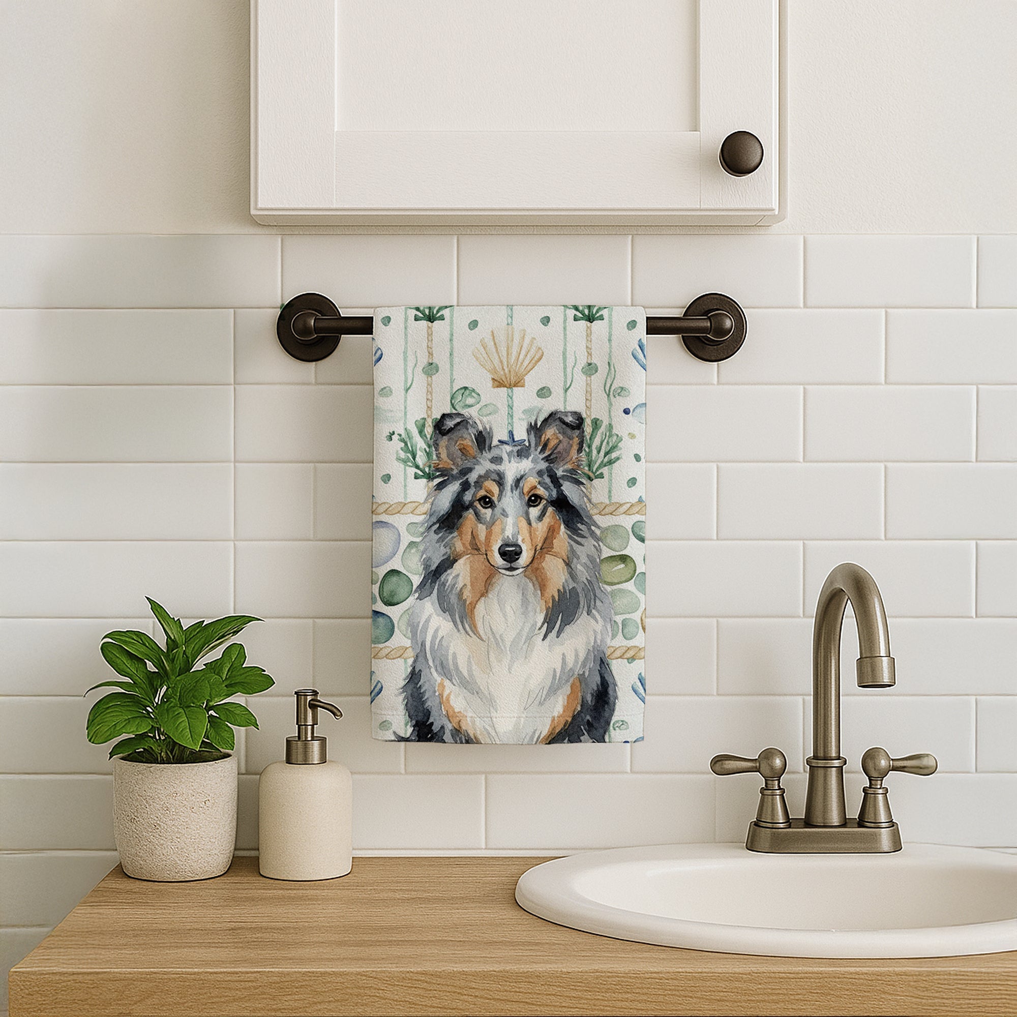 Blue Merle Sheltie Coastal Sea Glass Kitchen Towel Velour Plush Front and Cotton Loop Back Machine Washable