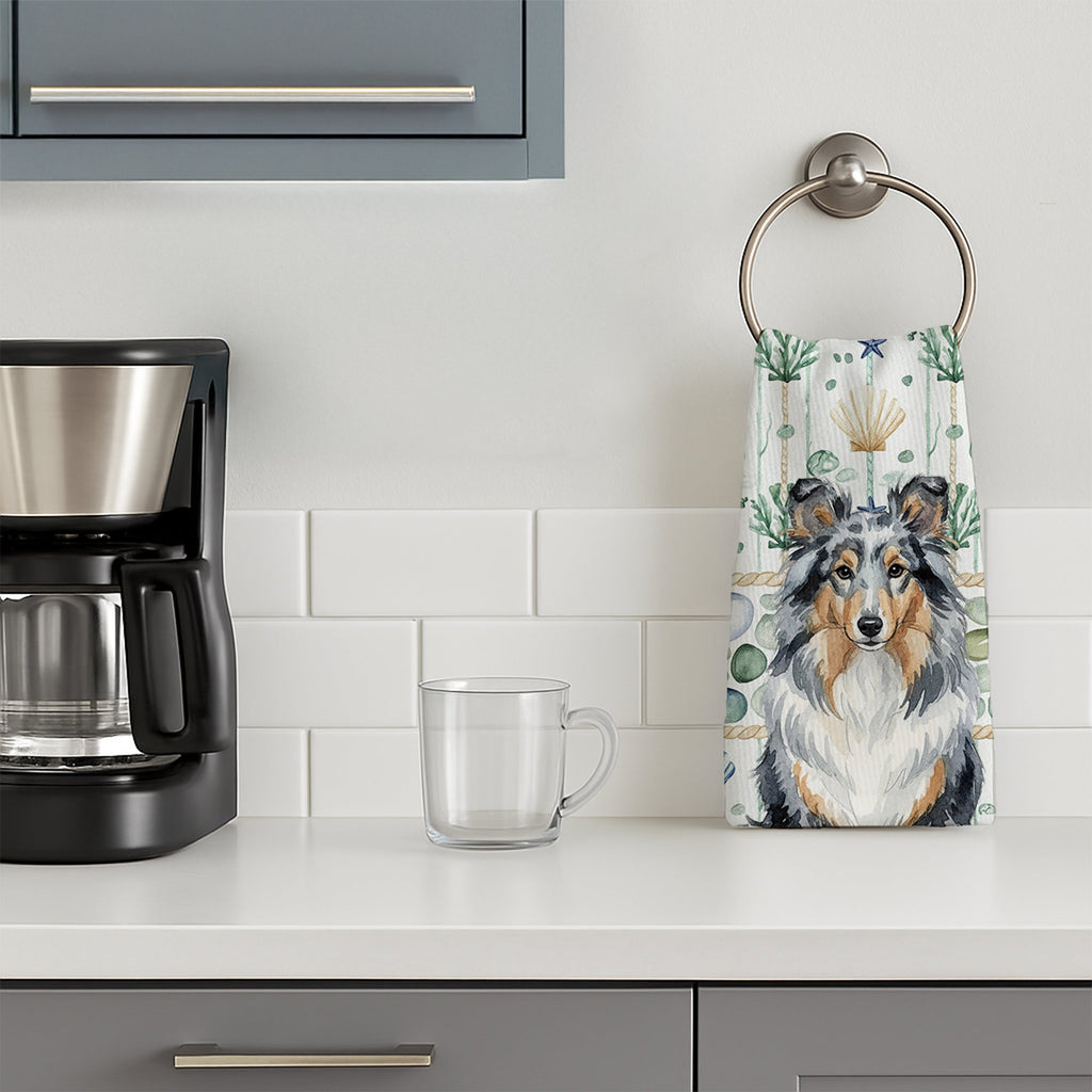 Blue Merle Sheltie Coastal Sea Glass Kitchen Towel Velour Plush Front and Cotton Loop Back Machine Washable