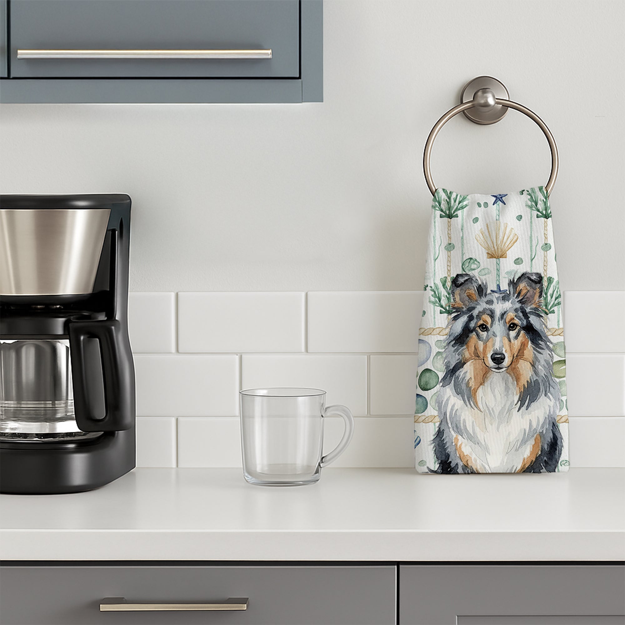Blue Merle Sheltie Coastal Sea Glass Kitchen Towel Velour Plush Front and Cotton Loop Back Machine Washable