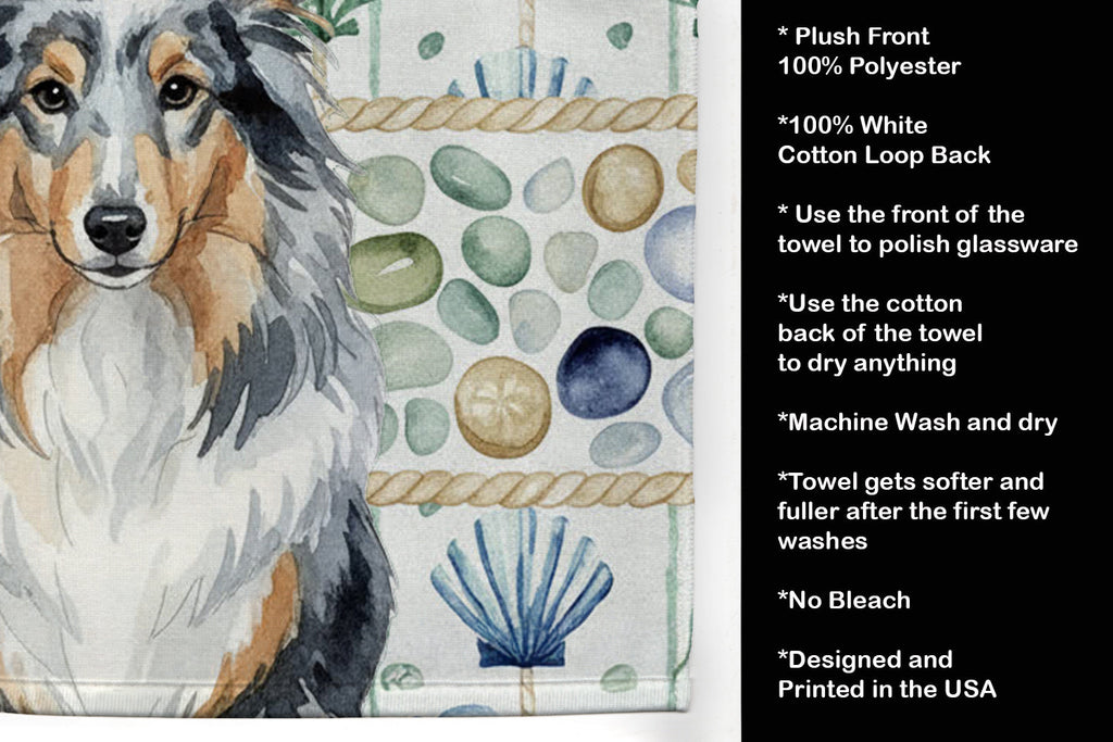 Blue Merle Sheltie Coastal Sea Glass Kitchen Towel Velour Plush Front and Cotton Loop Back Machine Washable
