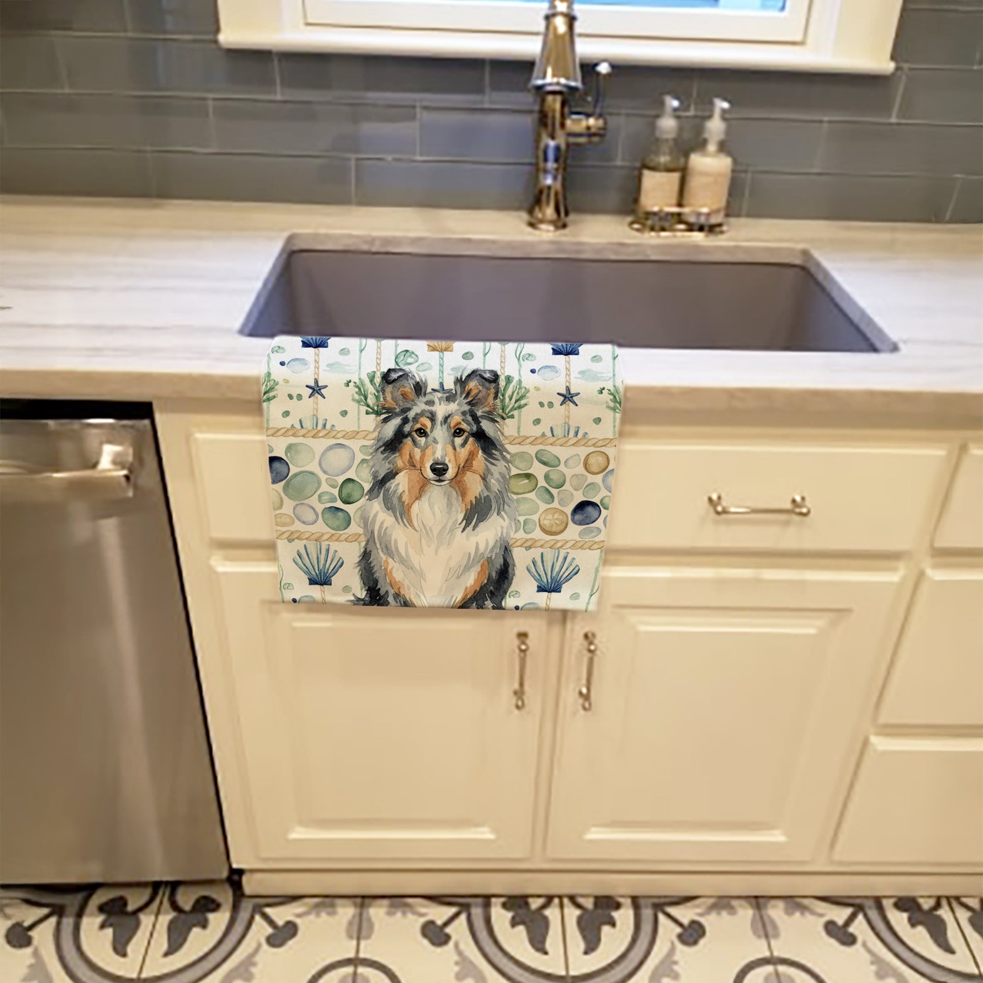 Blue Merle Sheltie Coastal Sea Glass Kitchen Towel Velour Plush Front and Cotton Loop Back Machine Washable