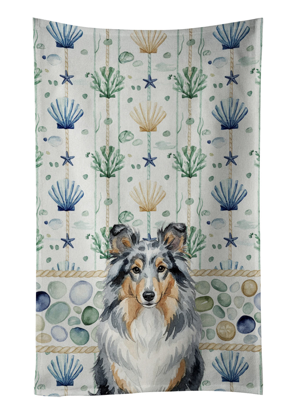 Blue Merle Sheltie Coastal Sea Glass Kitchen Towel Velour Plush Front and Cotton Loop Back Machine Washable