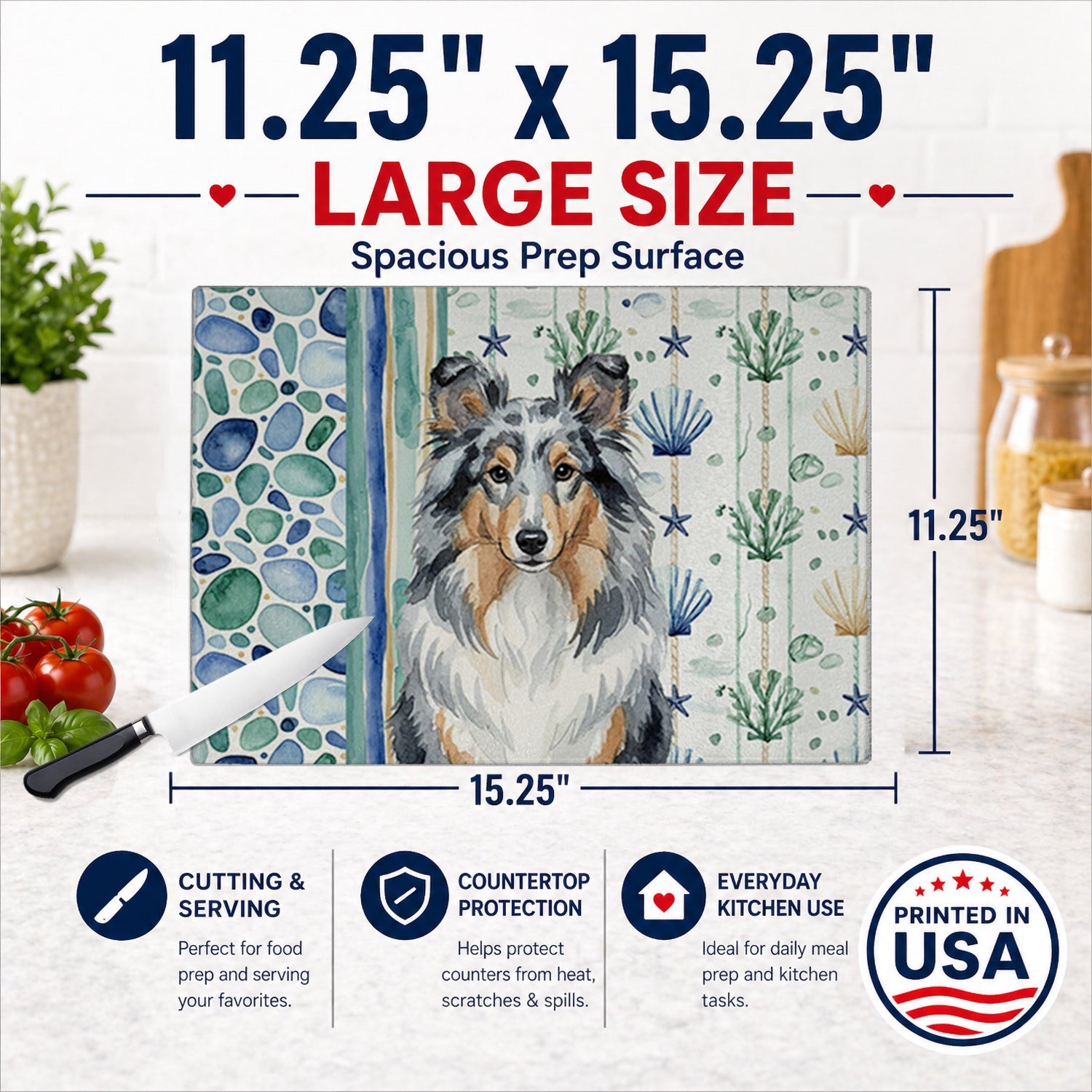 Blue Merle Sheltie Coastal Sea Glass Cutting Board Tempered Glass Kitchen Cutting Surface, Heat Resistant Chopping, Non-Slip Feet, Food Prep & Serving