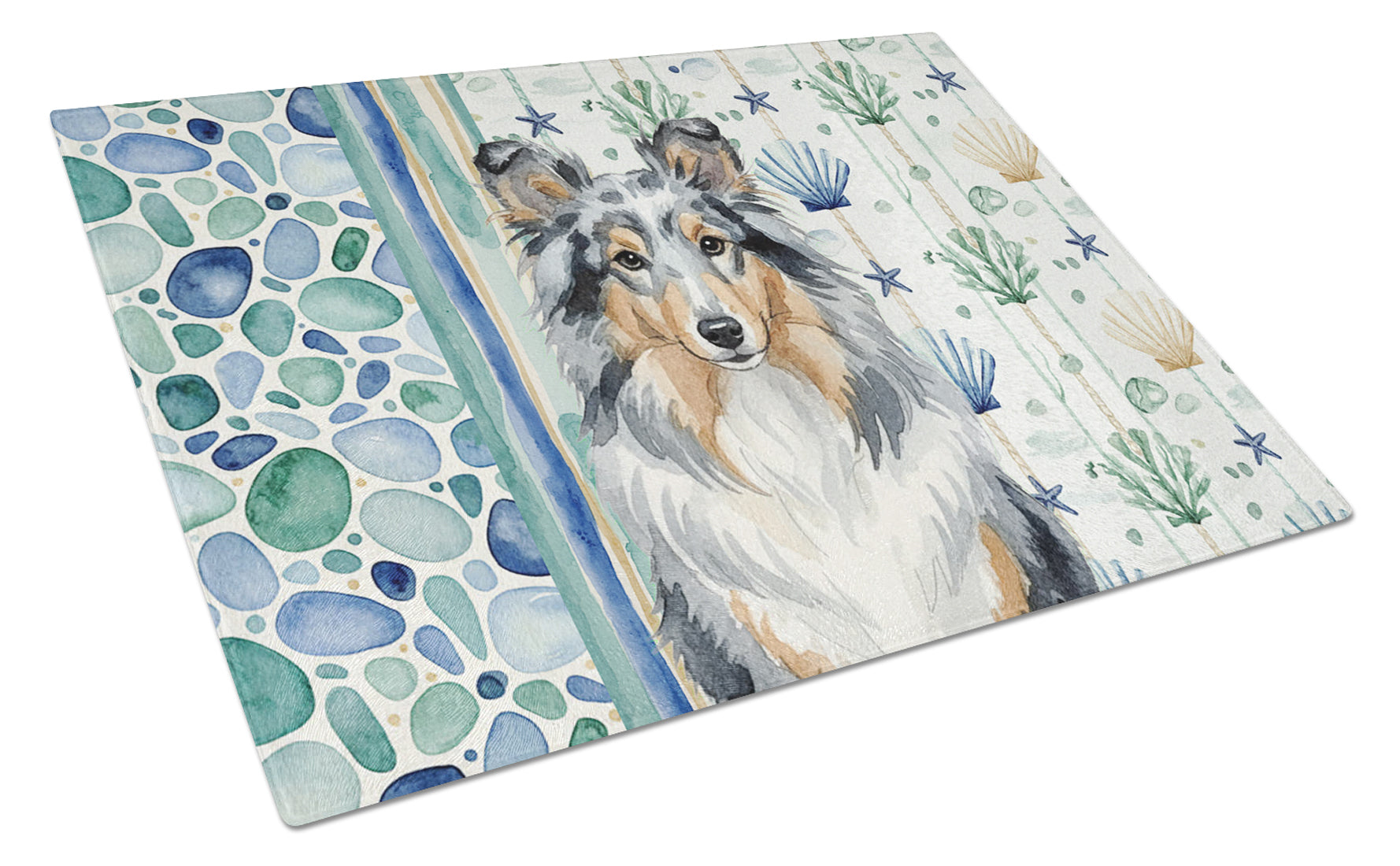 Blue Merle Sheltie Coastal Sea Glass Cutting Board Tempered Glass Kitchen Cutting Surface, Heat Resistant Chopping, Non-Slip Feet, Food Prep & Serving