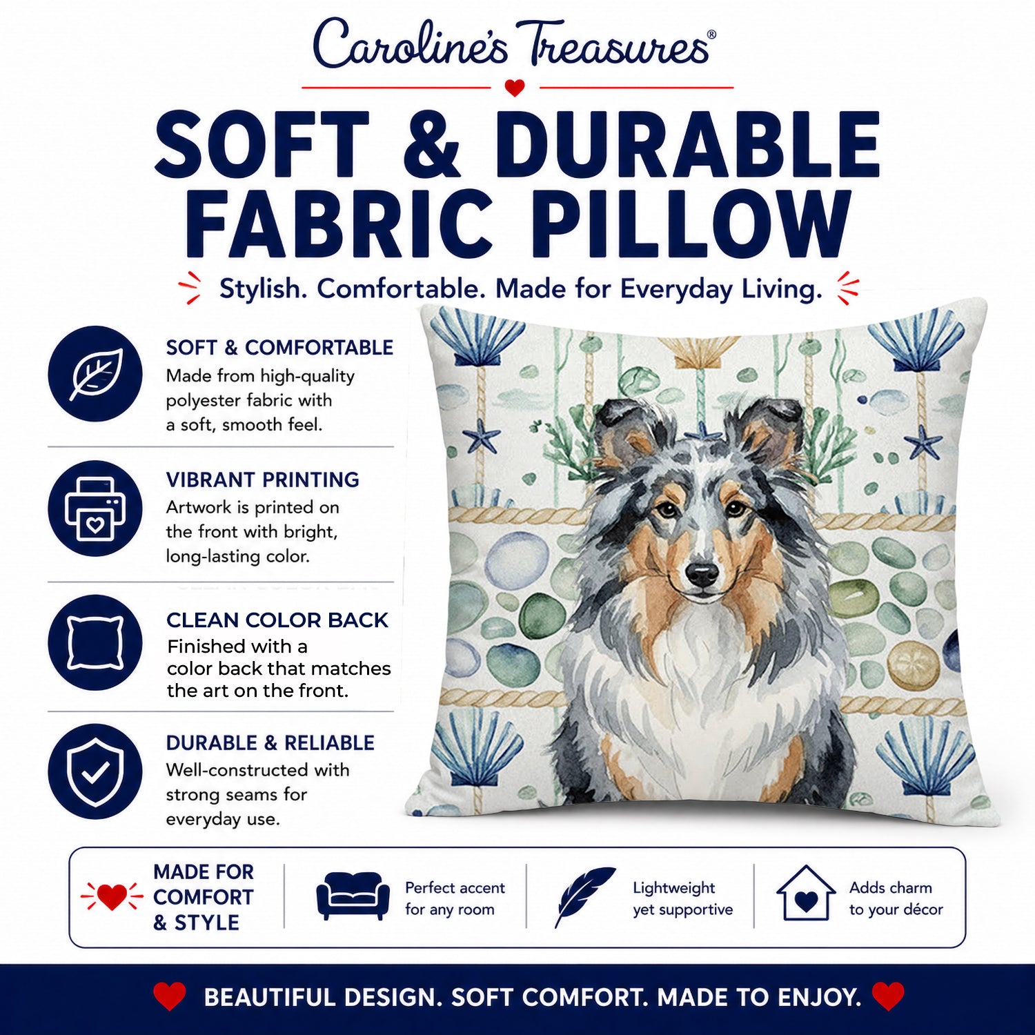 Blue Merle Sheltie Coastal Sea Glass Decorative Throw Pillow 14x14 Indoor Outdoor Accent Cushion, Fabric Cover with Insert for Sofa, Bed, Porch & Living Room