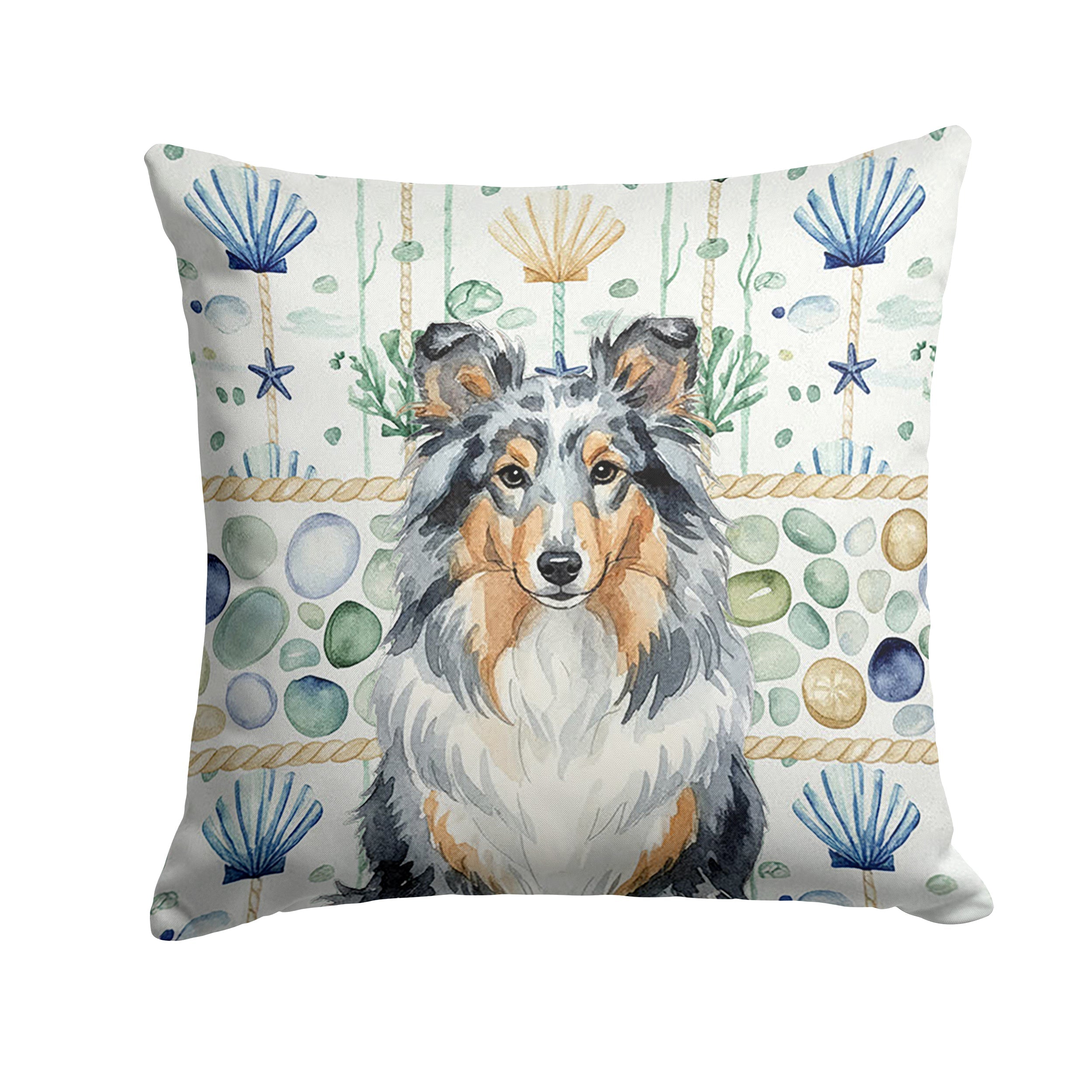 Blue Merle Sheltie Coastal Sea Glass Decorative Throw Pillow 14x14 Indoor Outdoor Accent Cushion, Fabric Cover with Insert for Sofa, Bed, Porch & Living Room