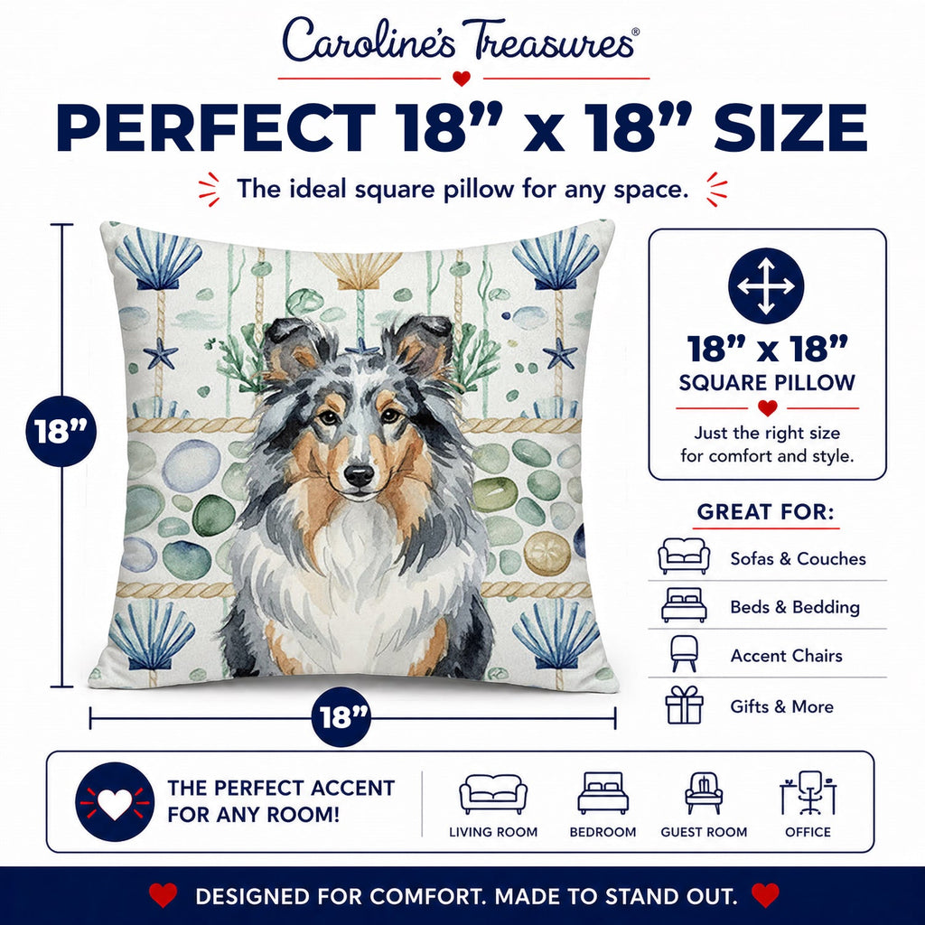 Blue Merle Sheltie Coastal Sea Glass Decorative Throw Pillow 18x18 Indoor Outdoor Accent Cushion, Fabric Cover with Insert for Sofa, Bed, Porch & Living Room