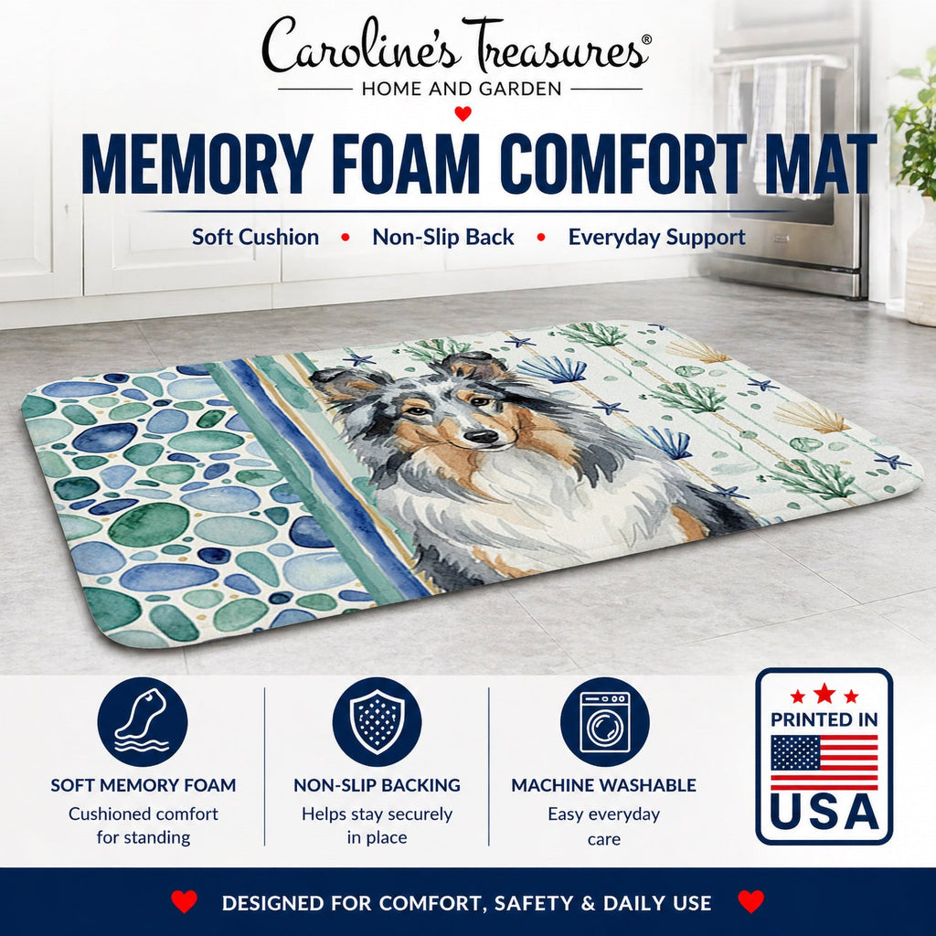 Blue Merle Sheltie Coastal Sea Glass Memory Foam Kitchen Mat Machine Washable Anti-Fatigue Cushion Comfort Bath or Kitchen Rug