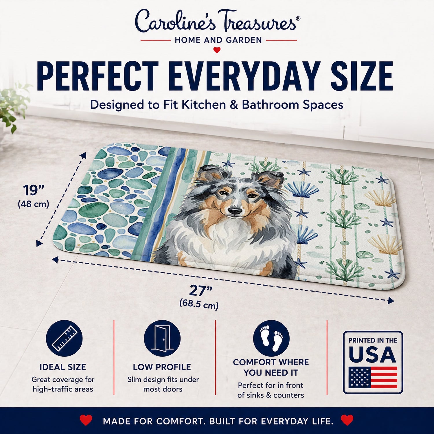 Blue Merle Sheltie Coastal Sea Glass Memory Foam Kitchen Mat Machine Washable Anti-Fatigue Cushion Comfort Bath or Kitchen Rug