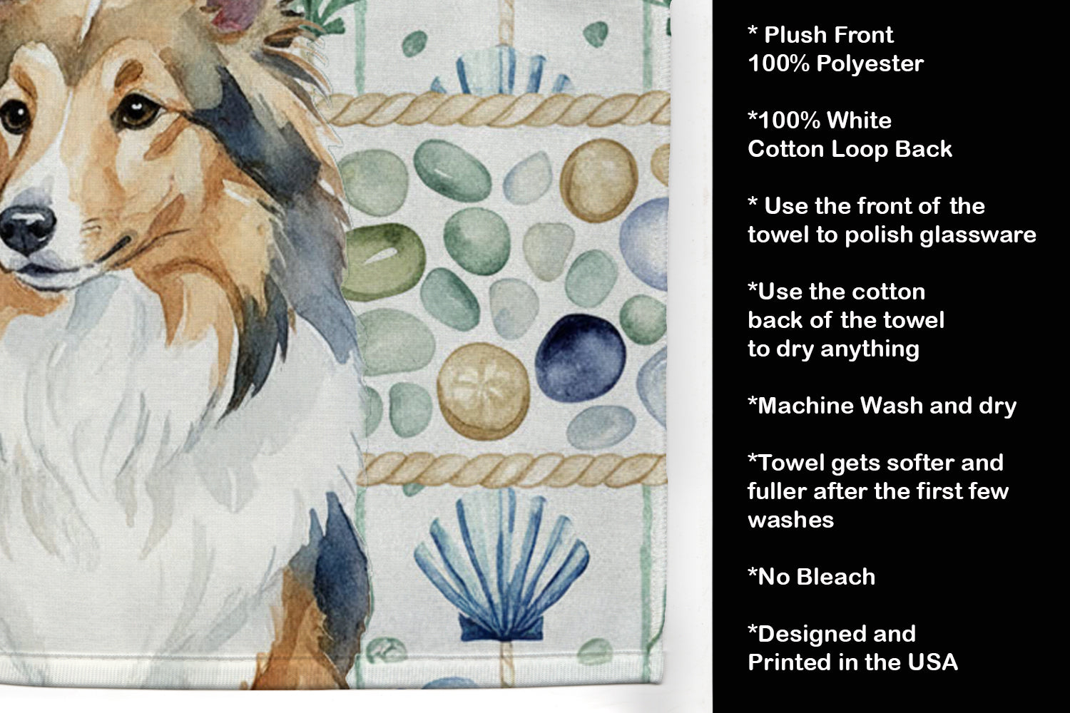 Sable Sheltie Coastal Sea Glass Kitchen Towel Velour Plush Front and Cotton Loop Back Machine Washable