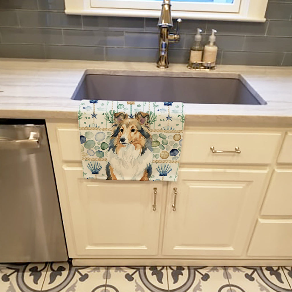 Sable Sheltie Coastal Sea Glass Kitchen Towel Velour Plush Front and Cotton Loop Back Machine Washable