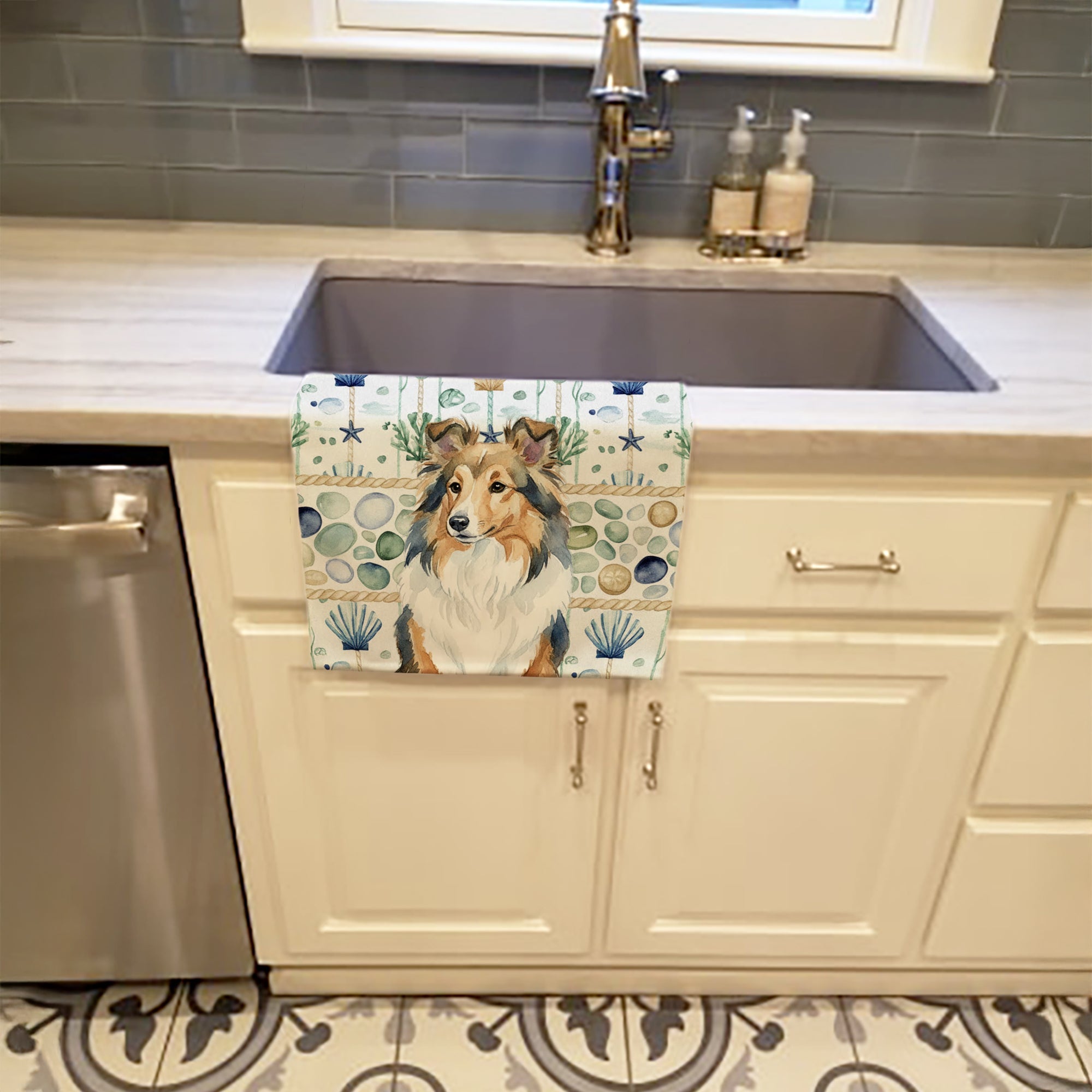 Sable Sheltie Coastal Sea Glass Kitchen Towel Velour Plush Front and Cotton Loop Back Machine Washable