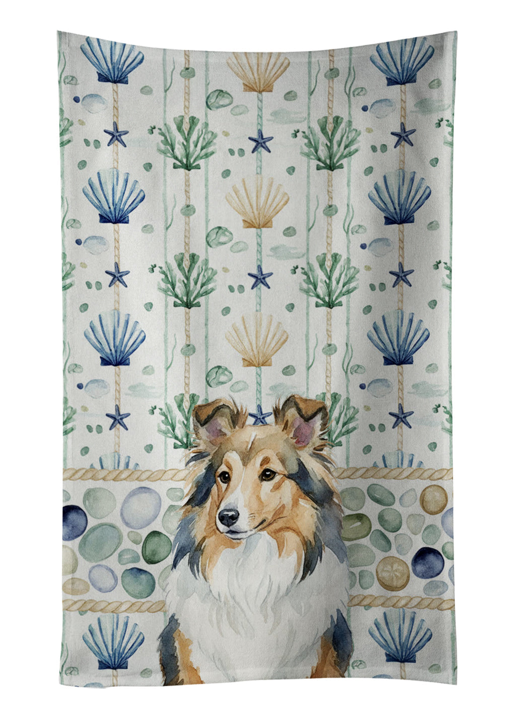 Sable Sheltie Coastal Sea Glass Kitchen Towel Velour Plush Front and Cotton Loop Back Machine Washable