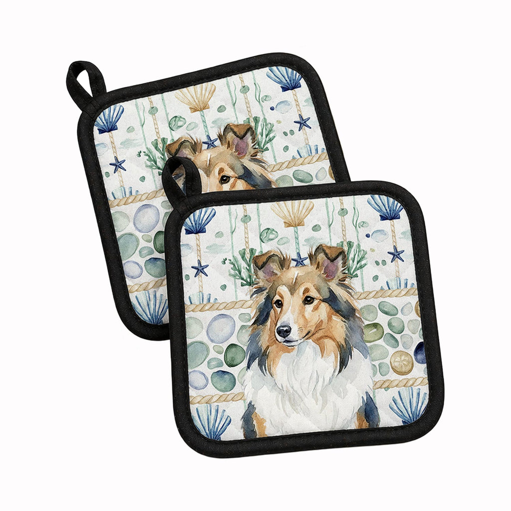 Sable Sheltie Coastal Sea Glass Pot Holder Set of 2 Heat Resistant Quilted Hot Pads 7.5 x 7.5 Inch, Insulated Kitchen Trivets for Cooking & Baking