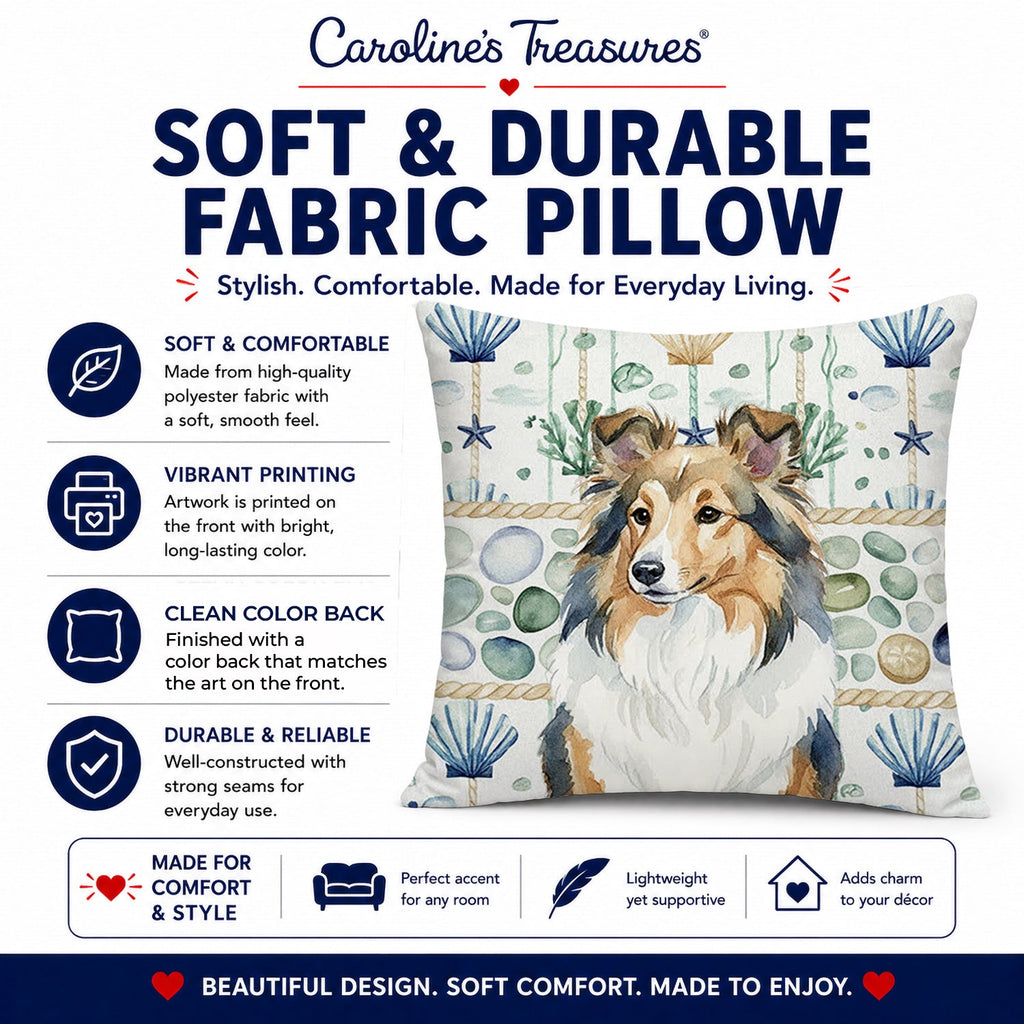 Sable Sheltie Coastal Sea Glass Decorative Throw Pillow 14x14 Indoor Outdoor Accent Cushion, Fabric Cover with Insert for Sofa, Bed, Porch & Living Room