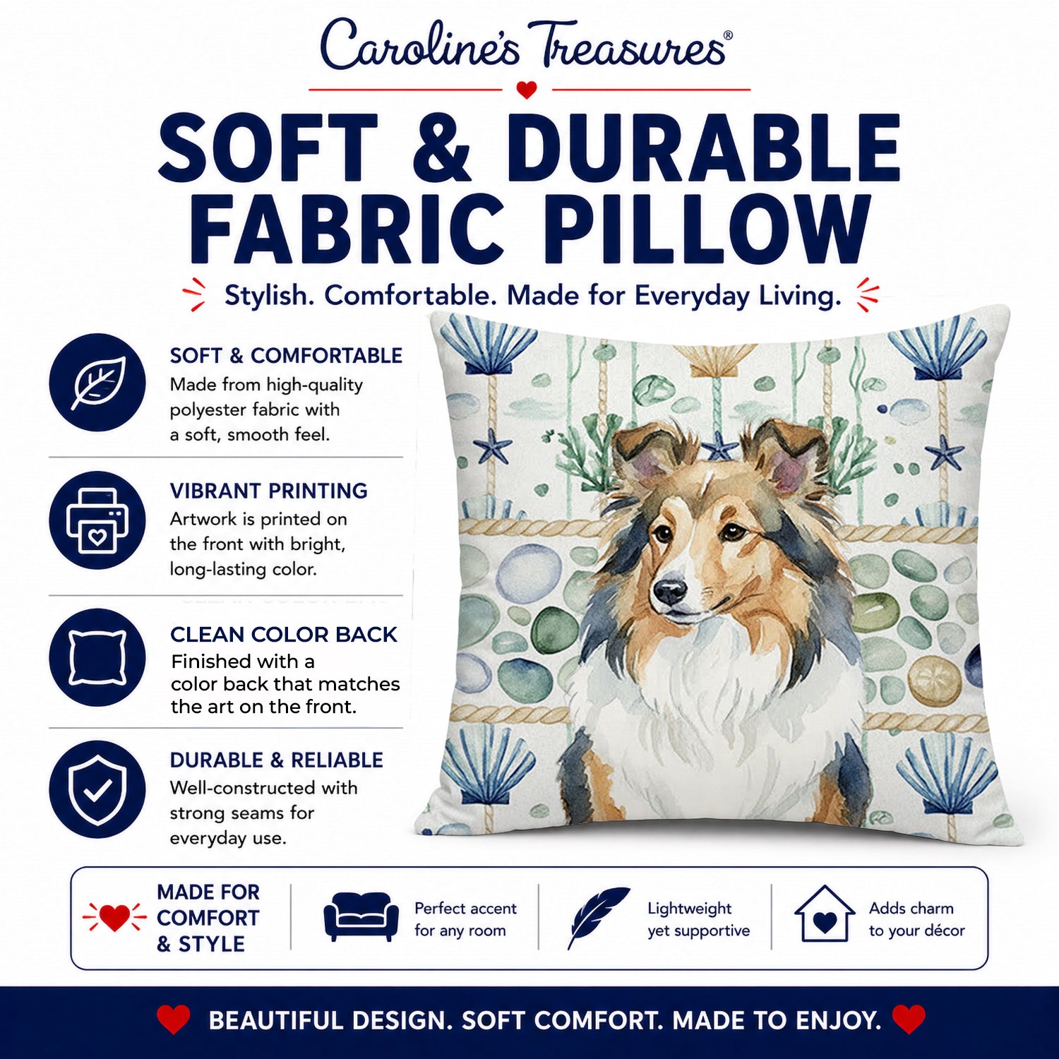 Sable Sheltie Coastal Sea Glass Decorative Throw Pillow 18x18 Indoor Outdoor Accent Cushion, Fabric Cover with Insert for Sofa, Bed, Porch & Living Room
