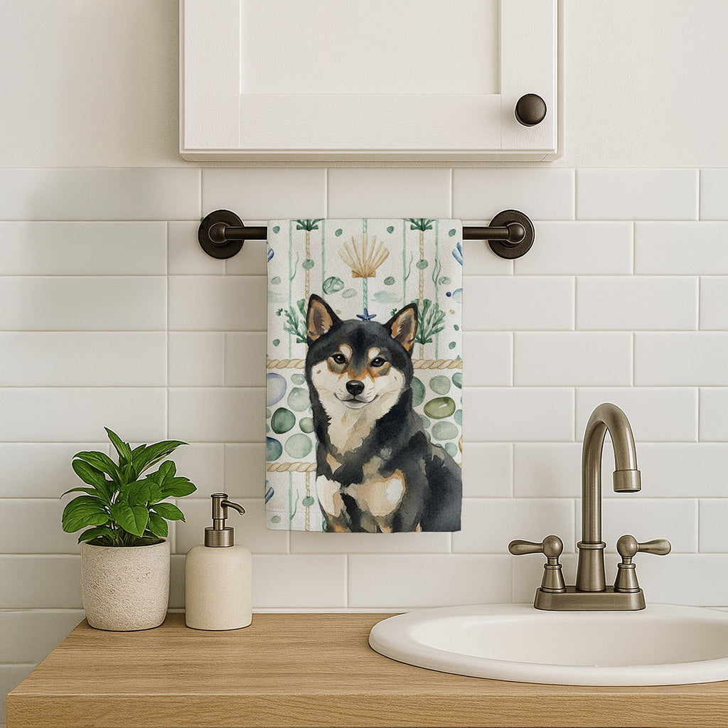 Black and Tan Shiba Inu Coastal Sea Glass Kitchen Towel Velour Plush Front and Cotton Loop Back Machine Washable