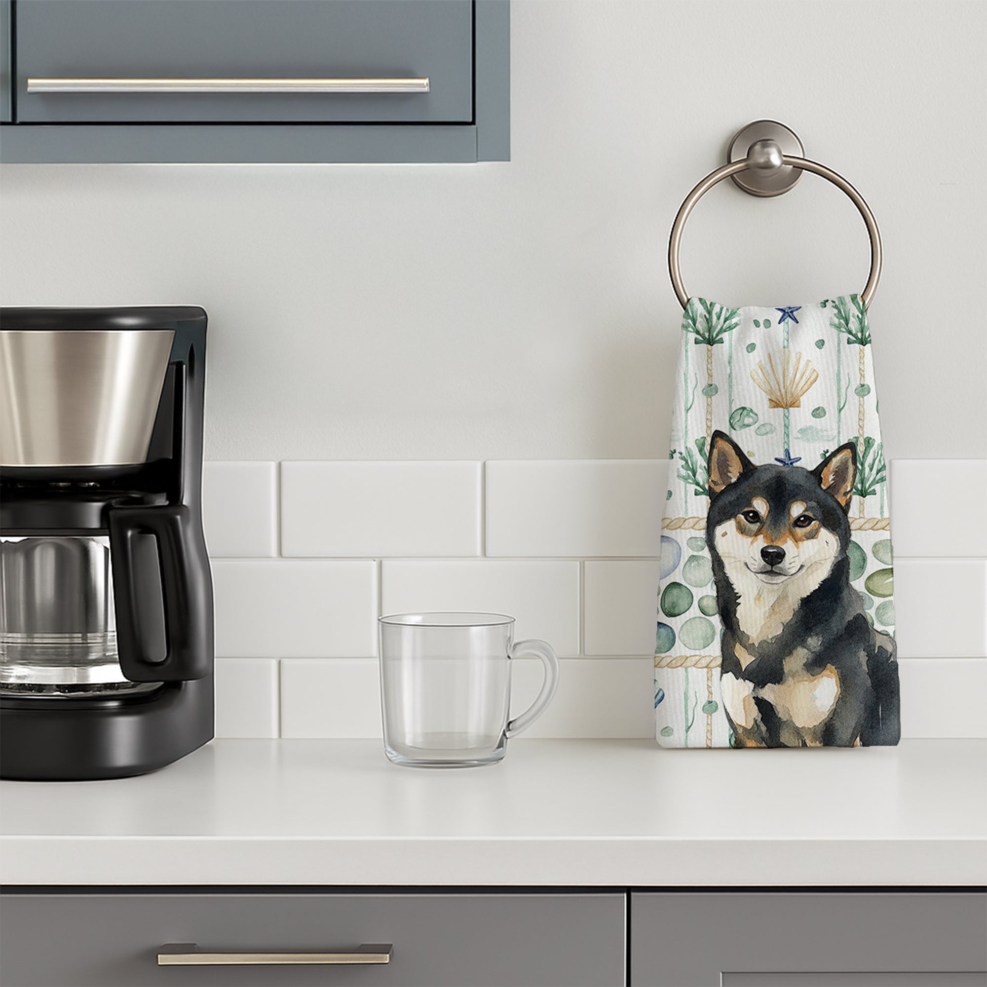 Black and Tan Shiba Inu Coastal Sea Glass Kitchen Towel Velour Plush Front and Cotton Loop Back Machine Washable