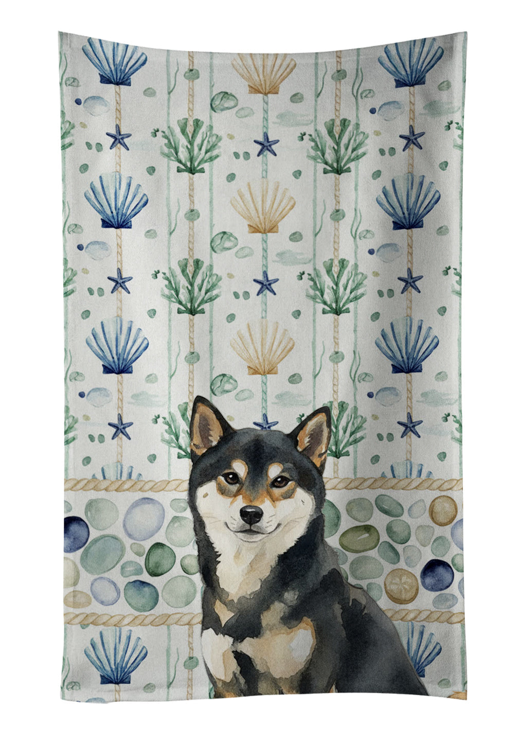 Black and Tan Shiba Inu Coastal Sea Glass Kitchen Towel Velour Plush Front and Cotton Loop Back Machine Washable
