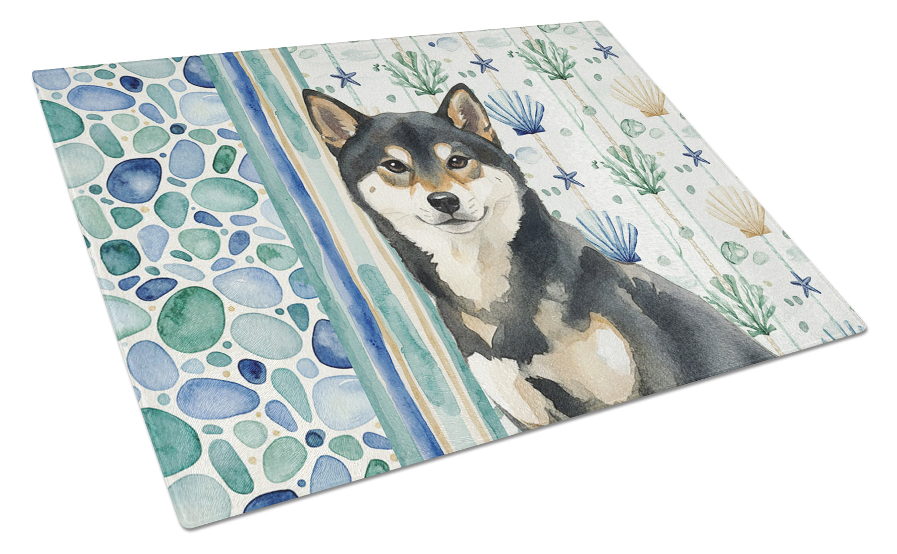 Black and Tan Shiba Inu Coastal Sea Glass Cutting Board Tempered Glass Kitchen Cutting Surface, Heat Resistant Chopping, Non-Slip Feet, Food Prep & Serving