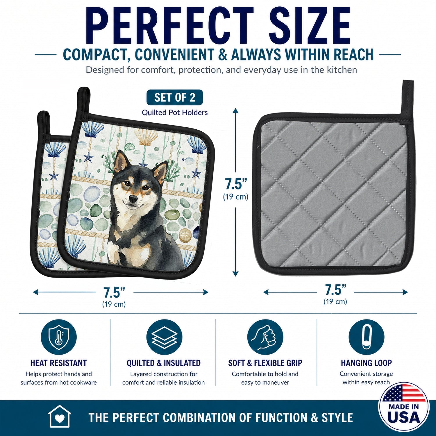 Black and Tan Shiba Inu Coastal Sea Glass Pot Holder Set of 2 Heat Resistant Quilted Hot Pads 7.5 x 7.5 Inch, Insulated Kitchen Trivets for Cooking & Baking