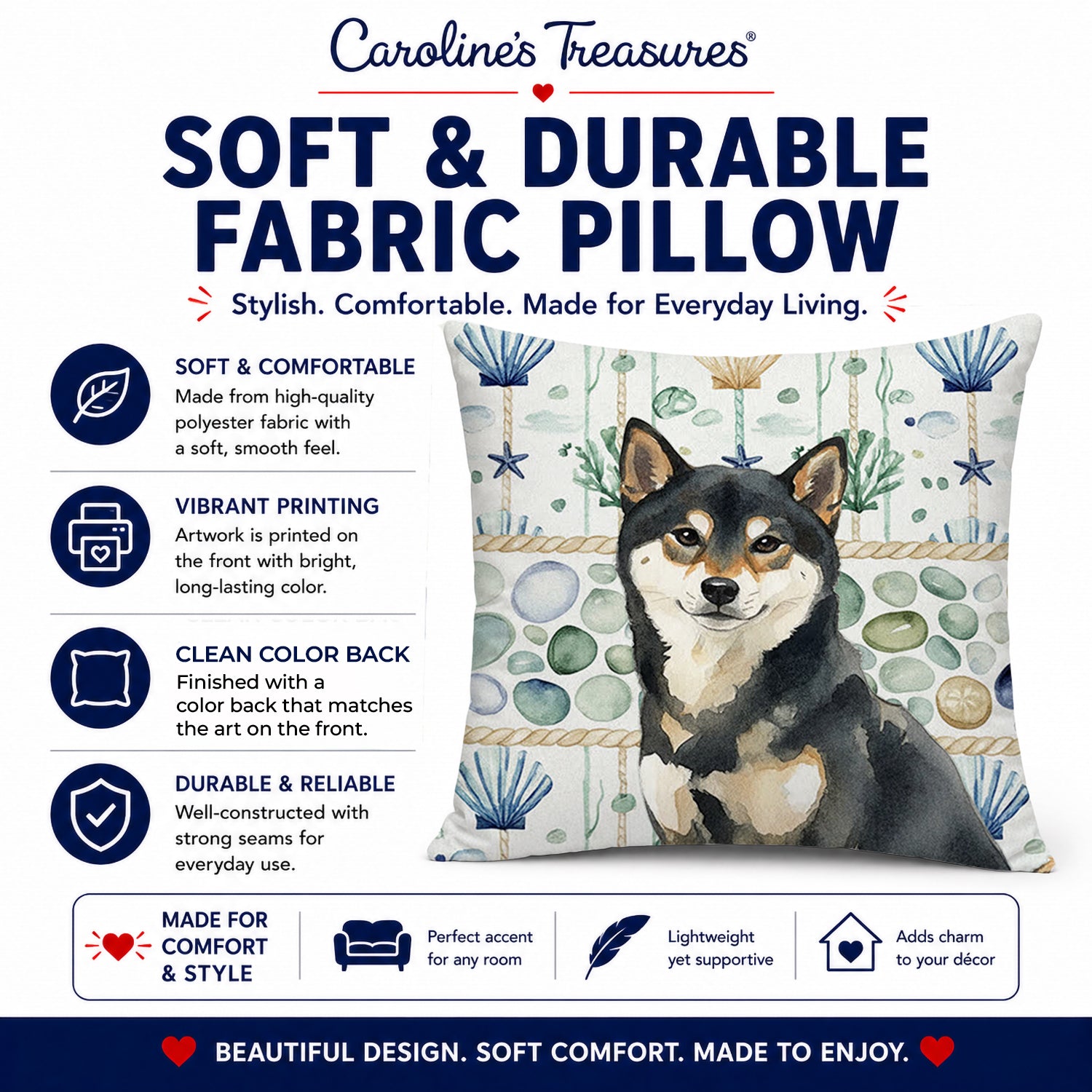 Black and Tan Shiba Inu Coastal Sea Glass Decorative Throw Pillow 14x14 Indoor Outdoor Accent Cushion, Fabric Cover with Insert for Sofa, Bed, Porch & Living Room