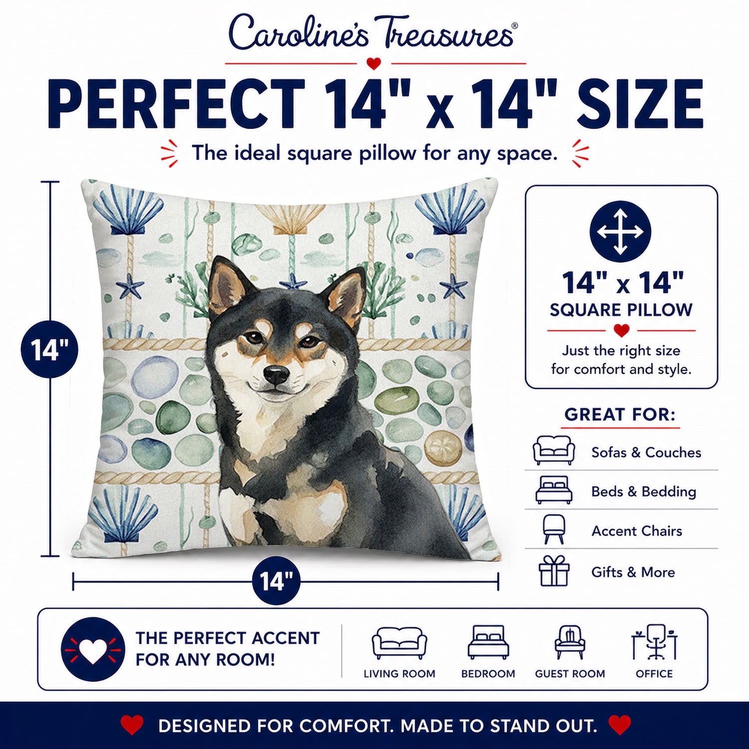 Black and Tan Shiba Inu Coastal Sea Glass Decorative Throw Pillow 14x14 Indoor Outdoor Accent Cushion, Fabric Cover with Insert for Sofa, Bed, Porch & Living Room