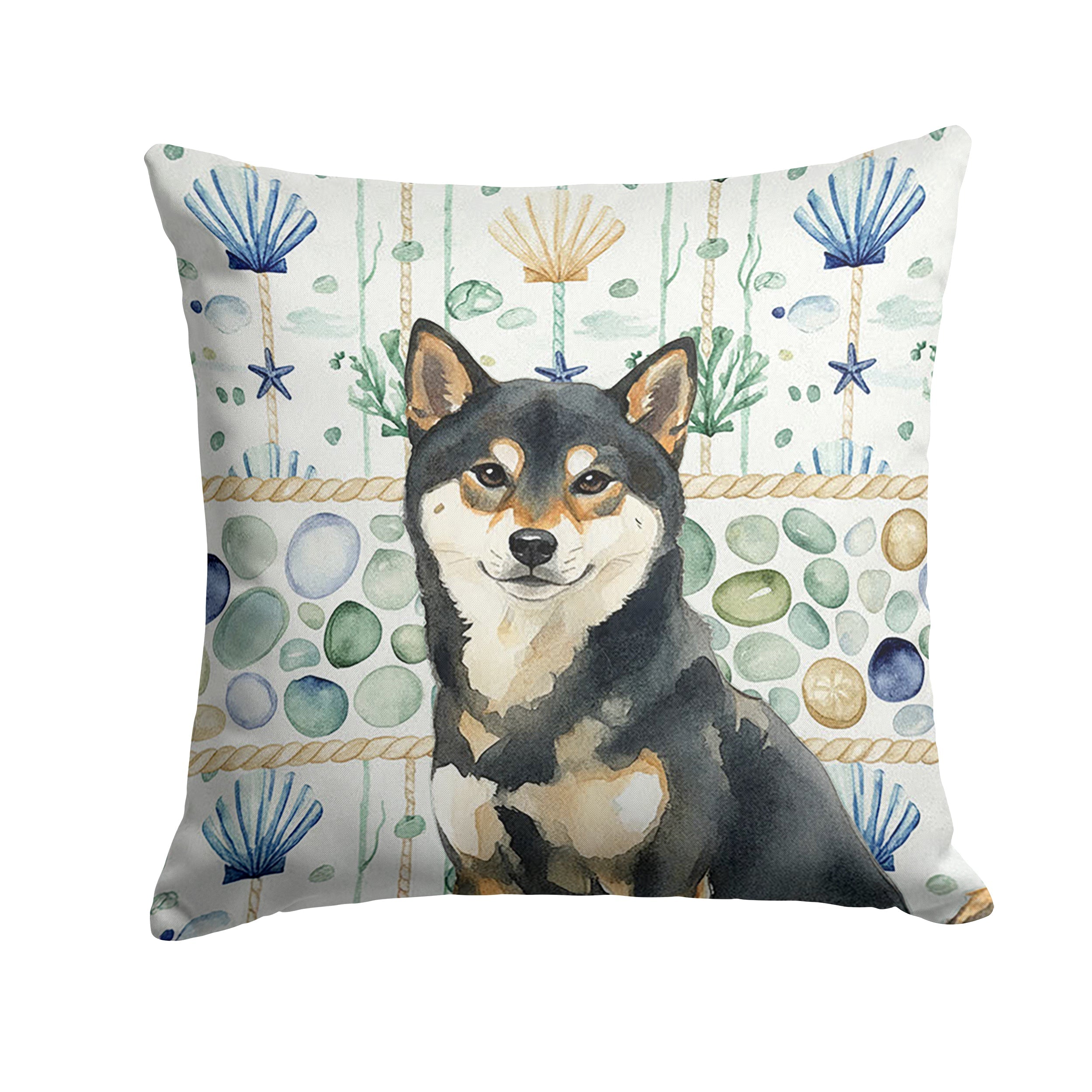 Black and Tan Shiba Inu Coastal Sea Glass Decorative Throw Pillow 14x14 Indoor Outdoor Accent Cushion, Fabric Cover with Insert for Sofa, Bed, Porch & Living Room