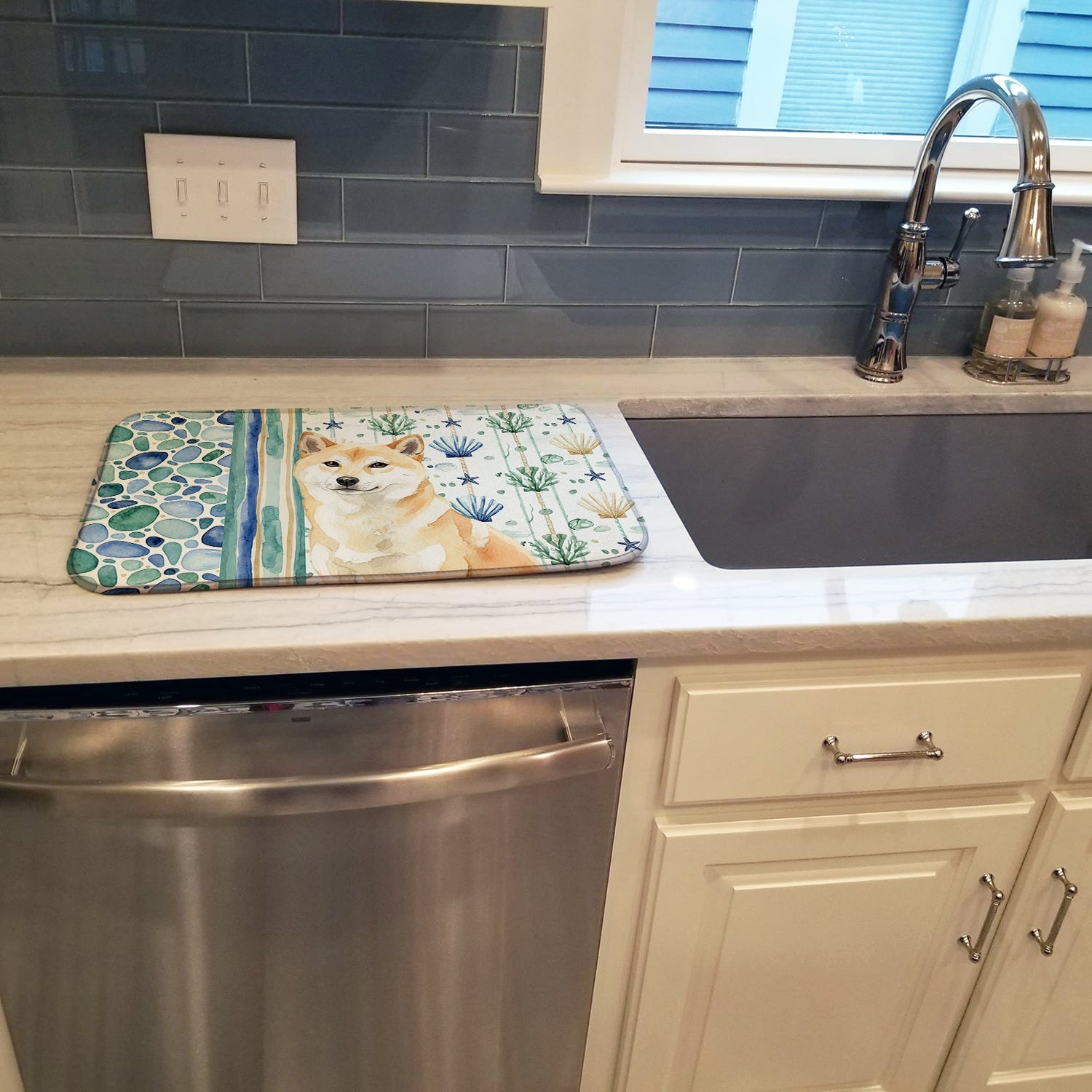 Cream Shiba Inu Coastal Sea Glass Dish Drying Mat Absorbent Dish Drying Mat Pad for Kitchen Counter Dish Drainer Mat for Countertop, 14 x 21", Multicolor