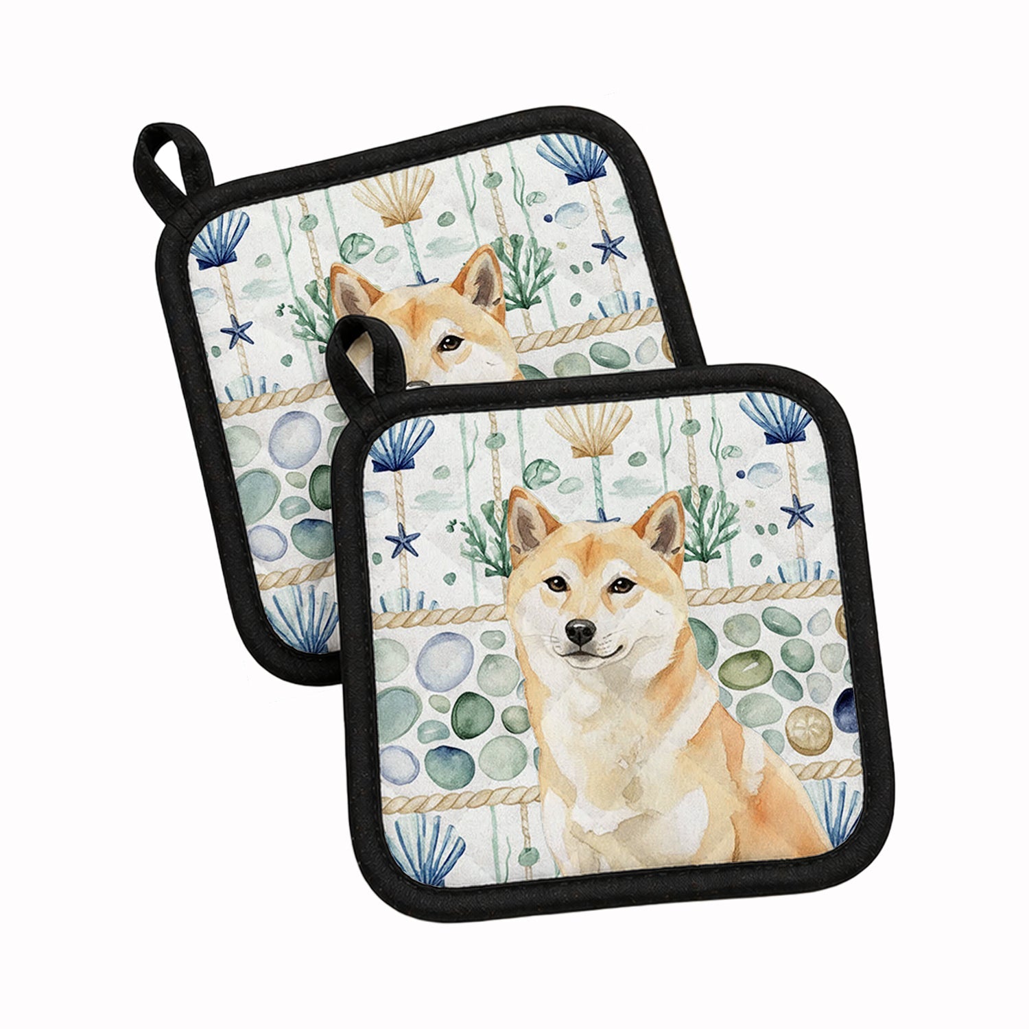 Cream Shiba Inu Coastal Sea Glass Pot Holder Set of 2 Heat Resistant Quilted Hot Pads 7.5 x 7.5 Inch, Insulated Kitchen Trivets for Cooking & Baking
