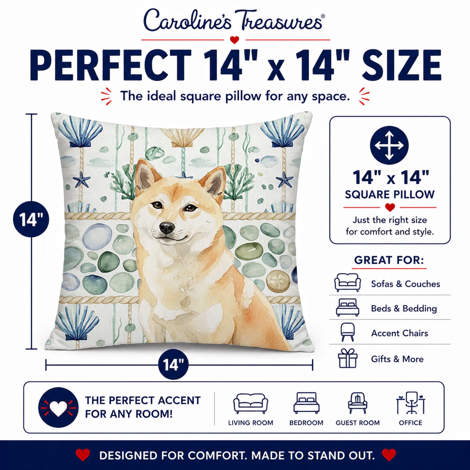 Cream Shiba Inu Coastal Sea Glass Decorative Throw Pillow 14x14 Indoor Outdoor Accent Cushion, Fabric Cover with Insert for Sofa, Bed, Porch & Living Room