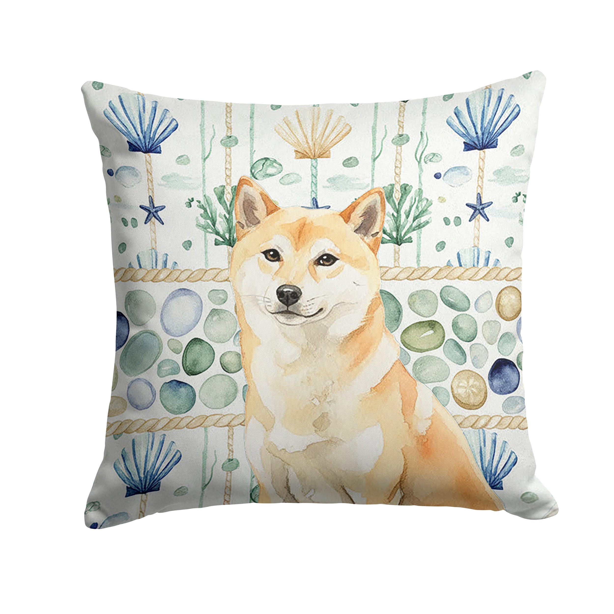 Cream Shiba Inu Coastal Sea Glass Decorative Throw Pillow 14x14 Indoor Outdoor Accent Cushion, Fabric Cover with Insert for Sofa, Bed, Porch & Living Room