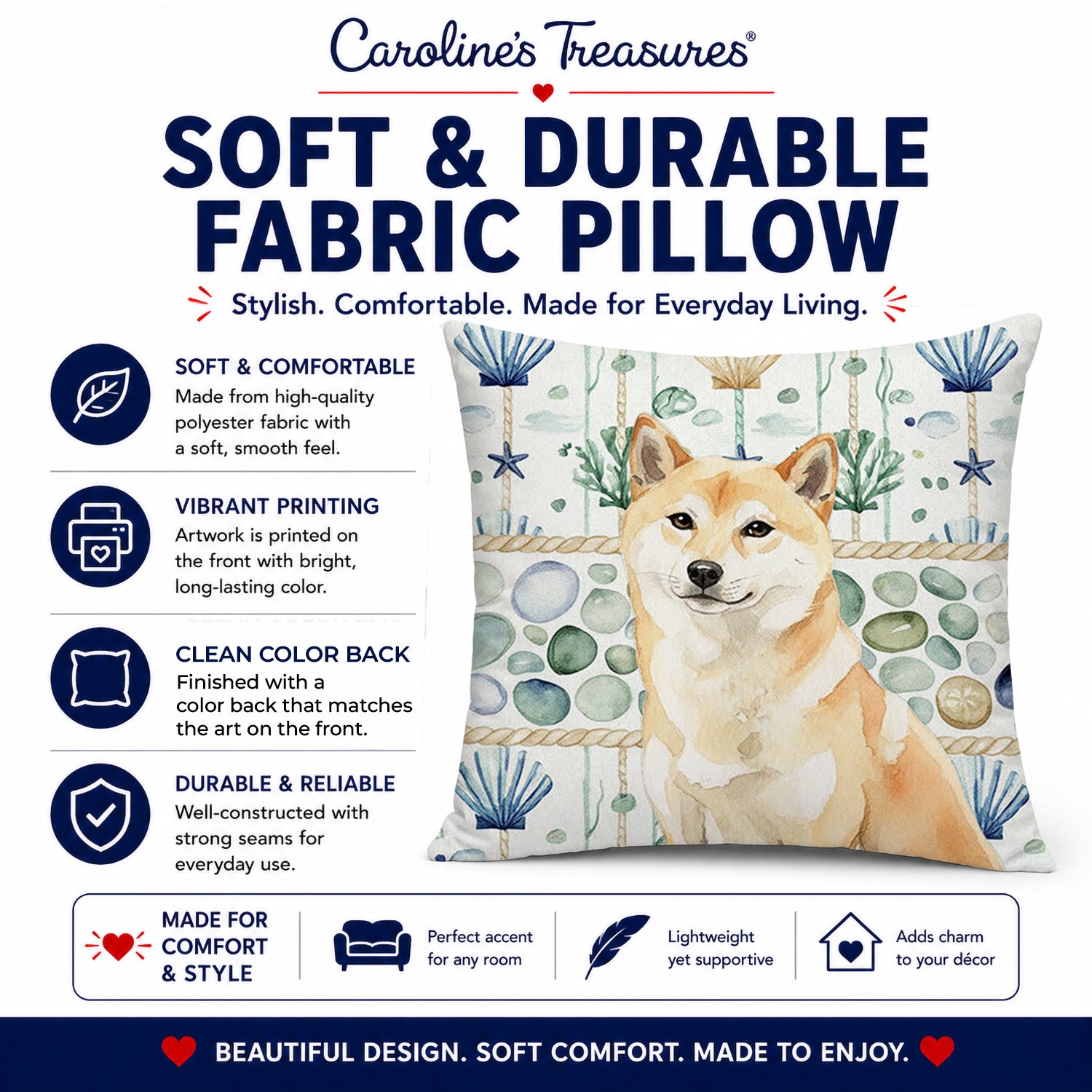 Cream Shiba Inu Coastal Sea Glass Decorative Throw Pillow 18x18 Indoor Outdoor Accent Cushion, Fabric Cover with Insert for Sofa, Bed, Porch & Living Room