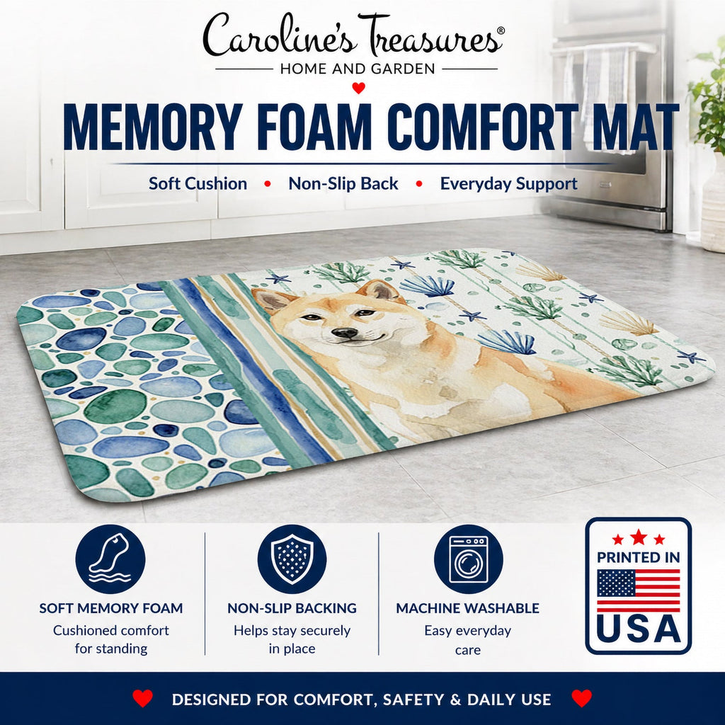 Cream Shiba Inu Coastal Sea Glass Memory Foam Kitchen Mat Machine Washable Anti-Fatigue Cushion Comfort Bath or Kitchen Rug