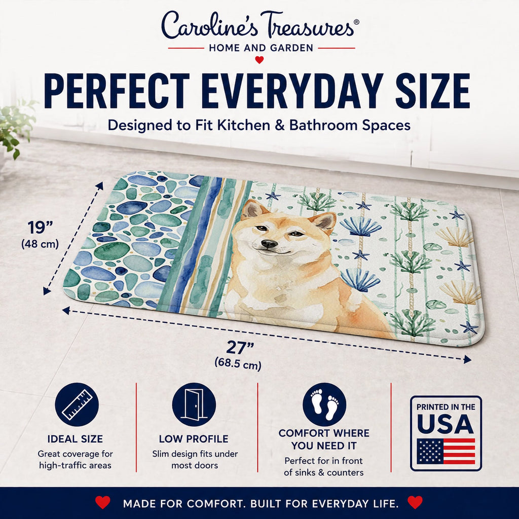 Cream Shiba Inu Coastal Sea Glass Memory Foam Kitchen Mat Machine Washable Anti-Fatigue Cushion Comfort Bath or Kitchen Rug