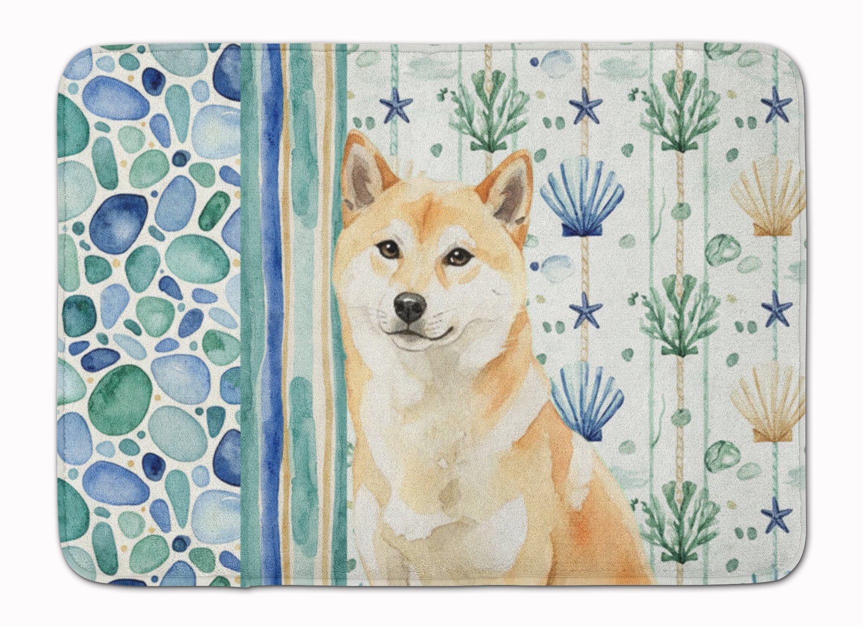 Cream Shiba Inu Coastal Sea Glass Memory Foam Kitchen Mat Machine Washable Anti-Fatigue Cushion Comfort Bath or Kitchen Rug