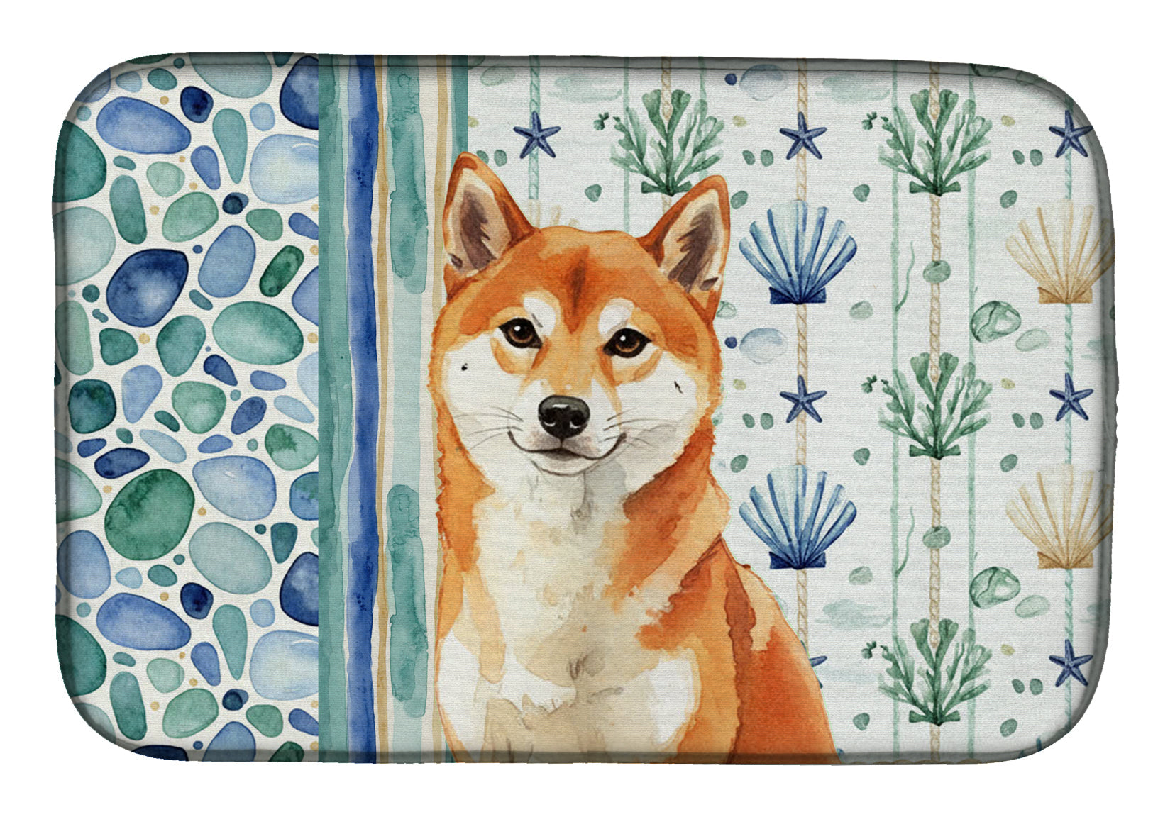 Red Shiba Inu Coastal Sea Glass Dish Drying Mat Absorbent Dish Drying Mat Pad for Kitchen Counter Dish Drainer Mat for Countertop, 14 x 21", Multicolor