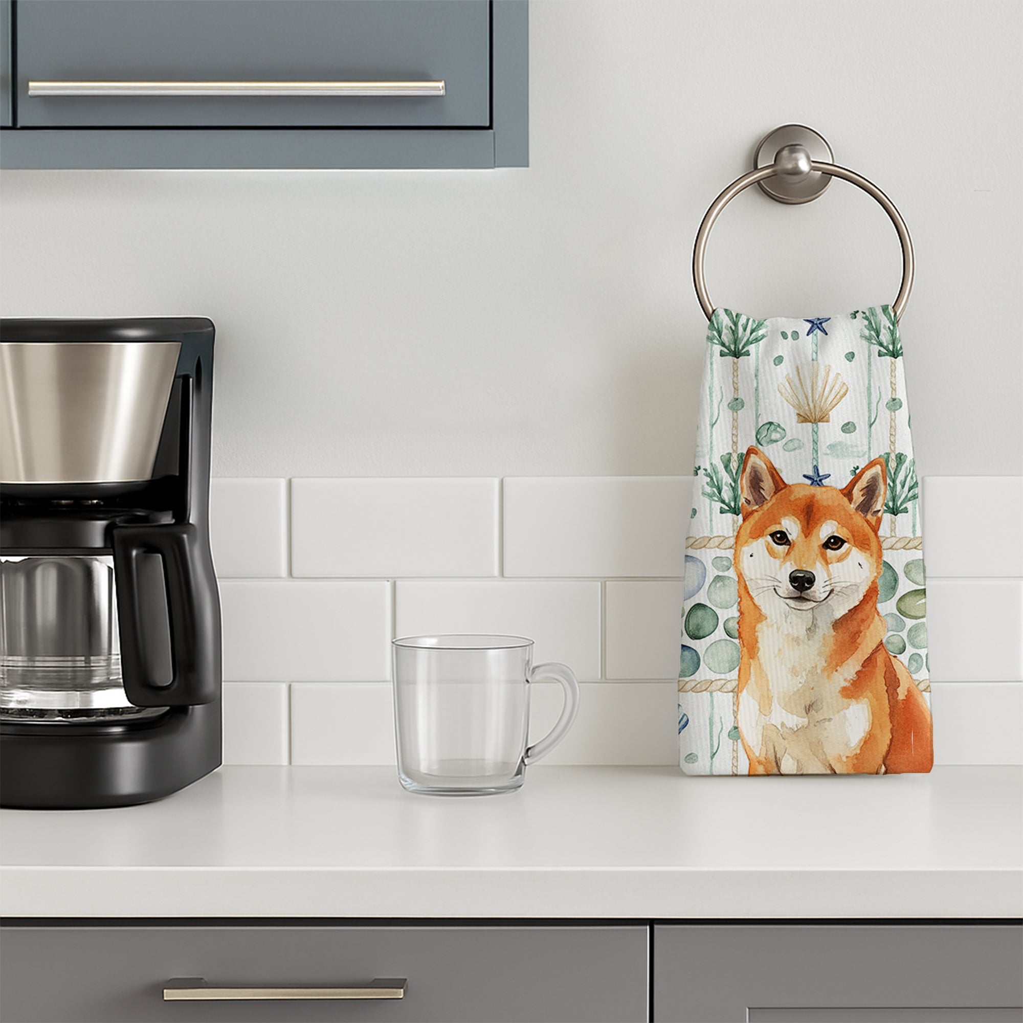 Red Shiba Inu Coastal Sea Glass Kitchen Towel Velour Plush Front and Cotton Loop Back Machine Washable
