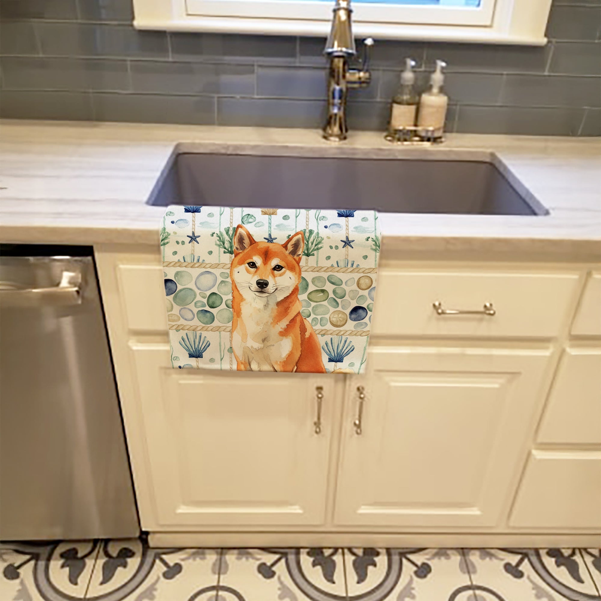 Red Shiba Inu Coastal Sea Glass Kitchen Towel Velour Plush Front and Cotton Loop Back Machine Washable