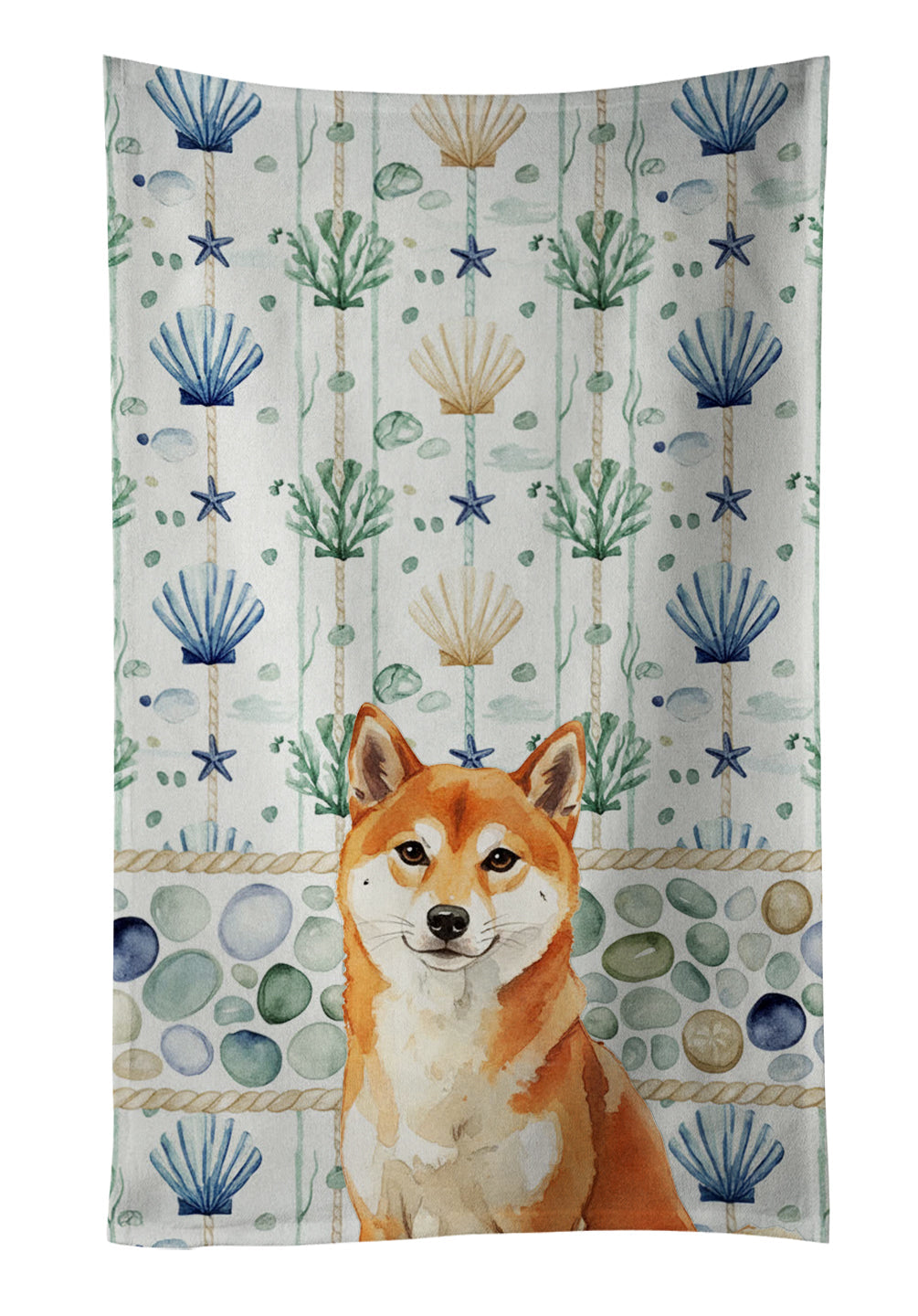 Red Shiba Inu Coastal Sea Glass Kitchen Towel Velour Plush Front and Cotton Loop Back Machine Washable