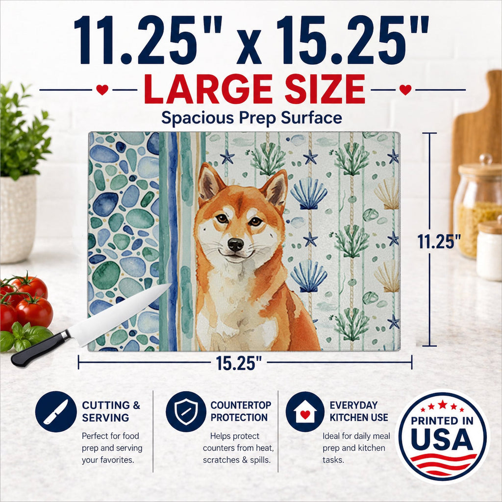Red Shiba Inu Coastal Sea Glass Cutting Board Tempered Glass Kitchen Cutting Surface, Heat Resistant Chopping, Non-Slip Feet, Food Prep & Serving