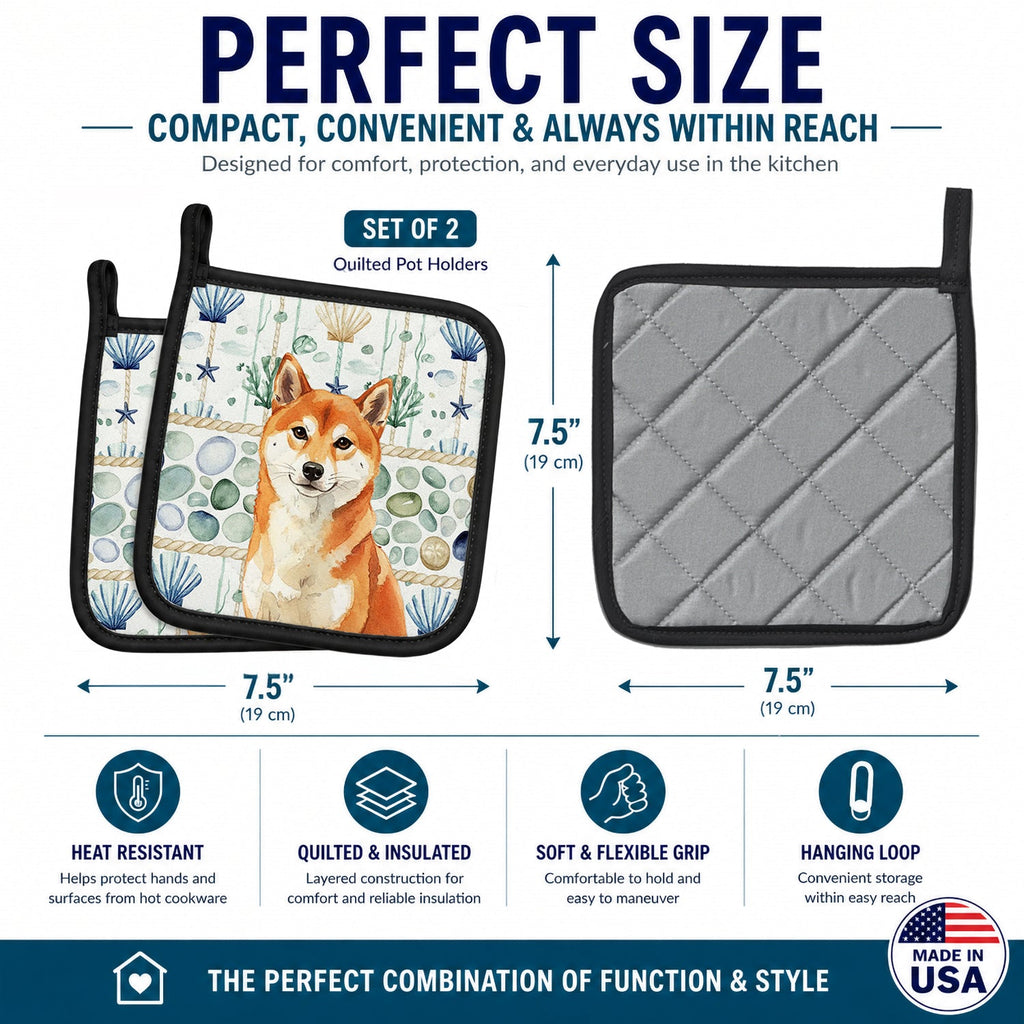 Red Shiba Inu Coastal Sea Glass Pot Holder Set of 2 Heat Resistant Quilted Hot Pads 7.5 x 7.5 Inch, Insulated Kitchen Trivets for Cooking & Baking