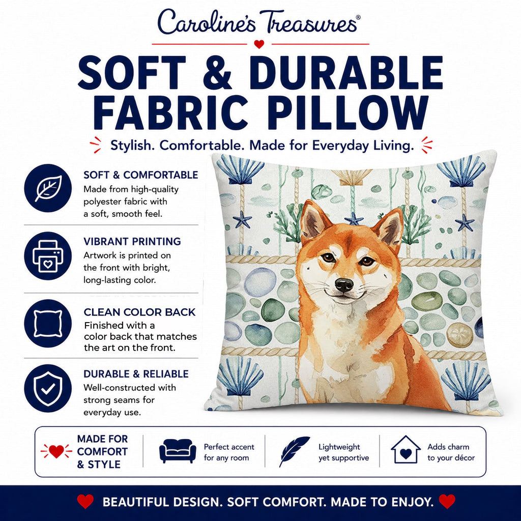 Red Shiba Inu Coastal Sea Glass Decorative Throw Pillow 18x18 Indoor Outdoor Accent Cushion, Fabric Cover with Insert for Sofa, Bed, Porch & Living Room
