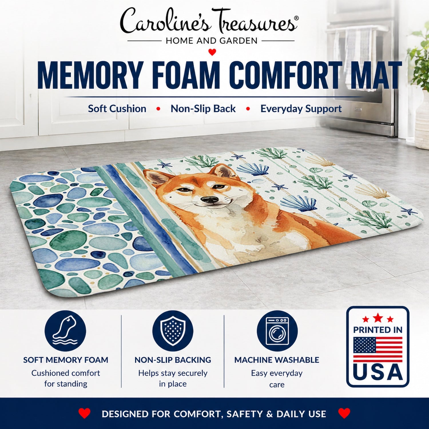 Red Shiba Inu Coastal Sea Glass Memory Foam Kitchen Mat Machine Washable Anti-Fatigue Cushion Comfort Bath or Kitchen Rug