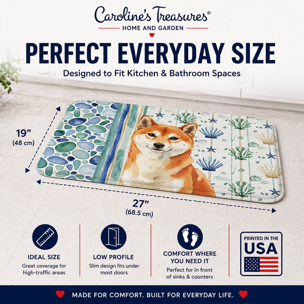 Red Shiba Inu Coastal Sea Glass Memory Foam Kitchen Mat Machine Washable Anti-Fatigue Cushion Comfort Bath or Kitchen Rug