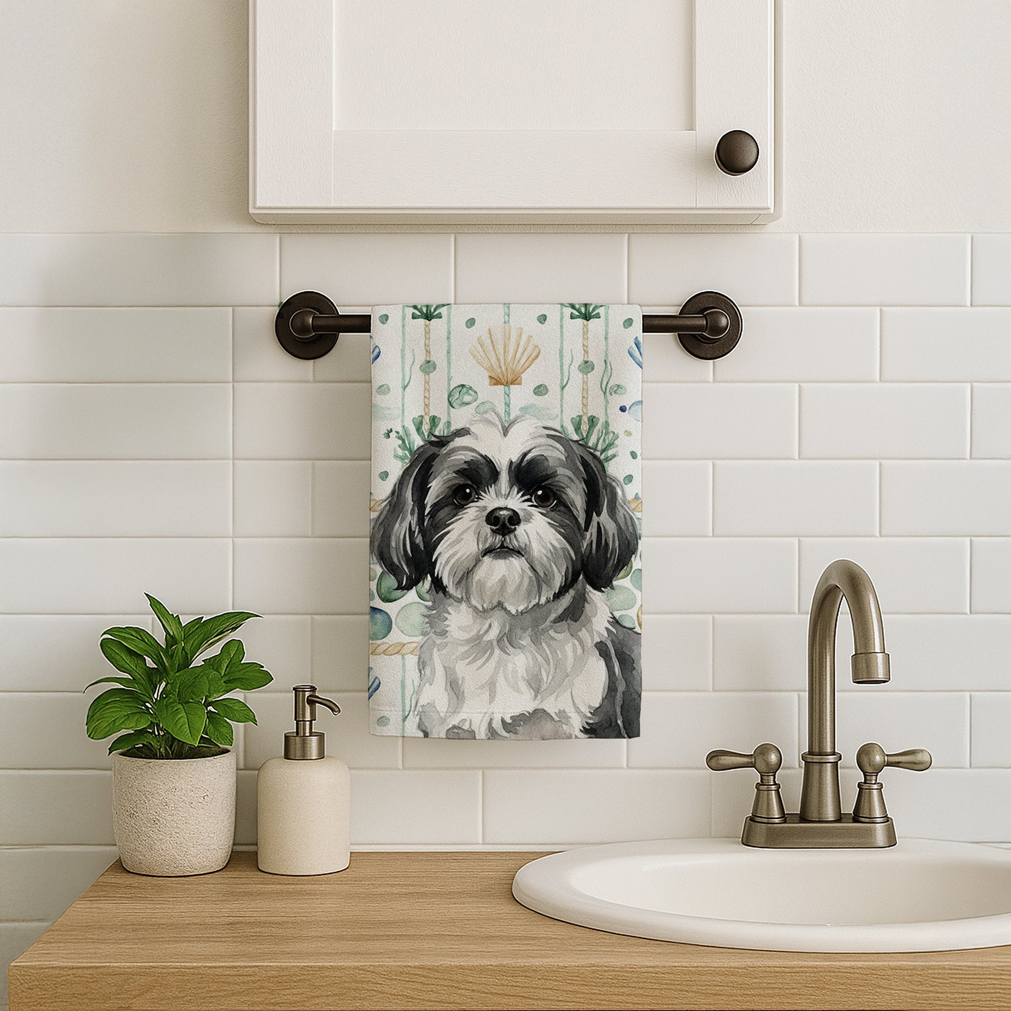 Black and White Shih Tzu Coastal Sea Glass Kitchen Towel Velour Plush Front and Cotton Loop Back Machine Washable