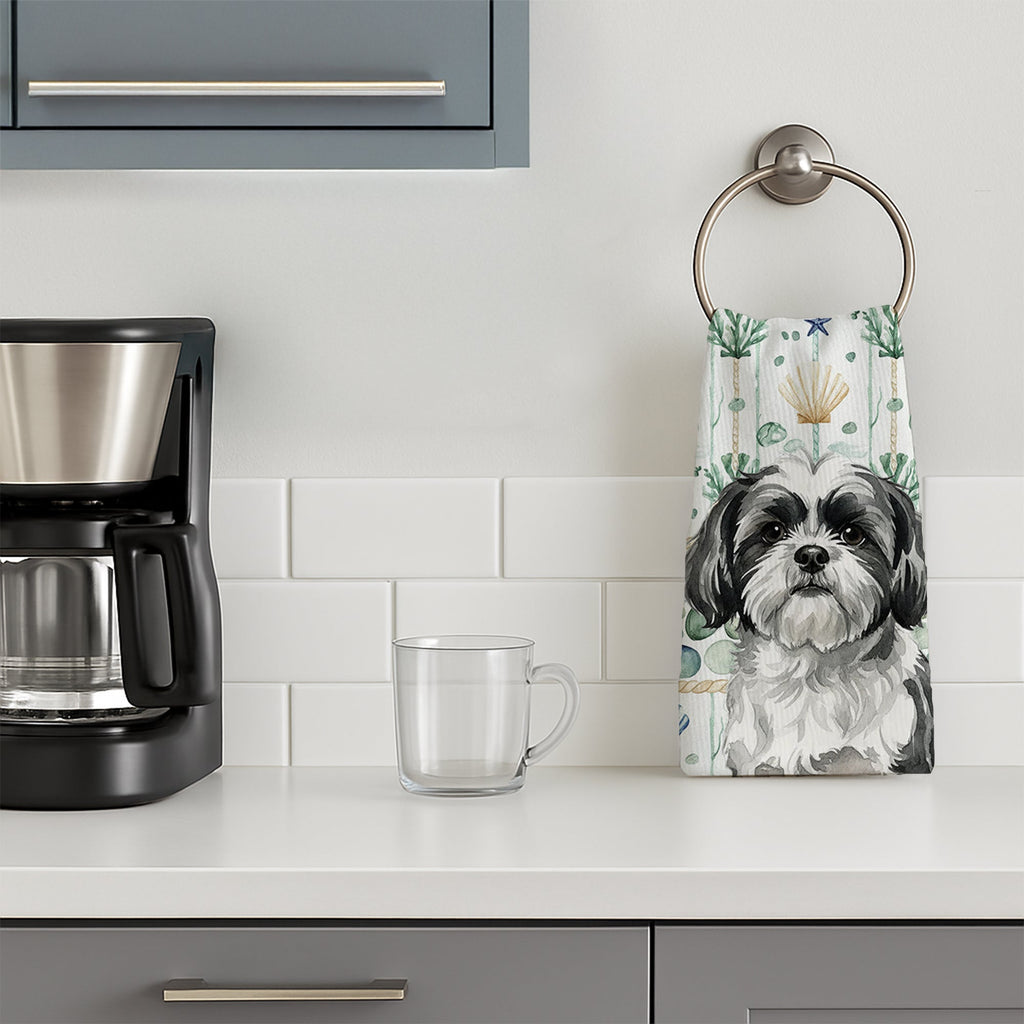 Black and White Shih Tzu Coastal Sea Glass Kitchen Towel Velour Plush Front and Cotton Loop Back Machine Washable