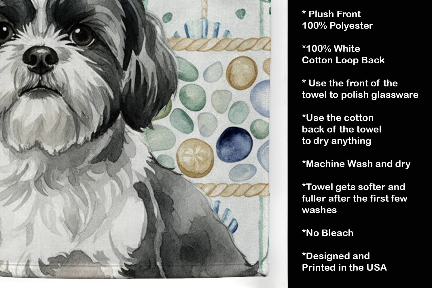 Black and White Shih Tzu Coastal Sea Glass Kitchen Towel Velour Plush Front and Cotton Loop Back Machine Washable