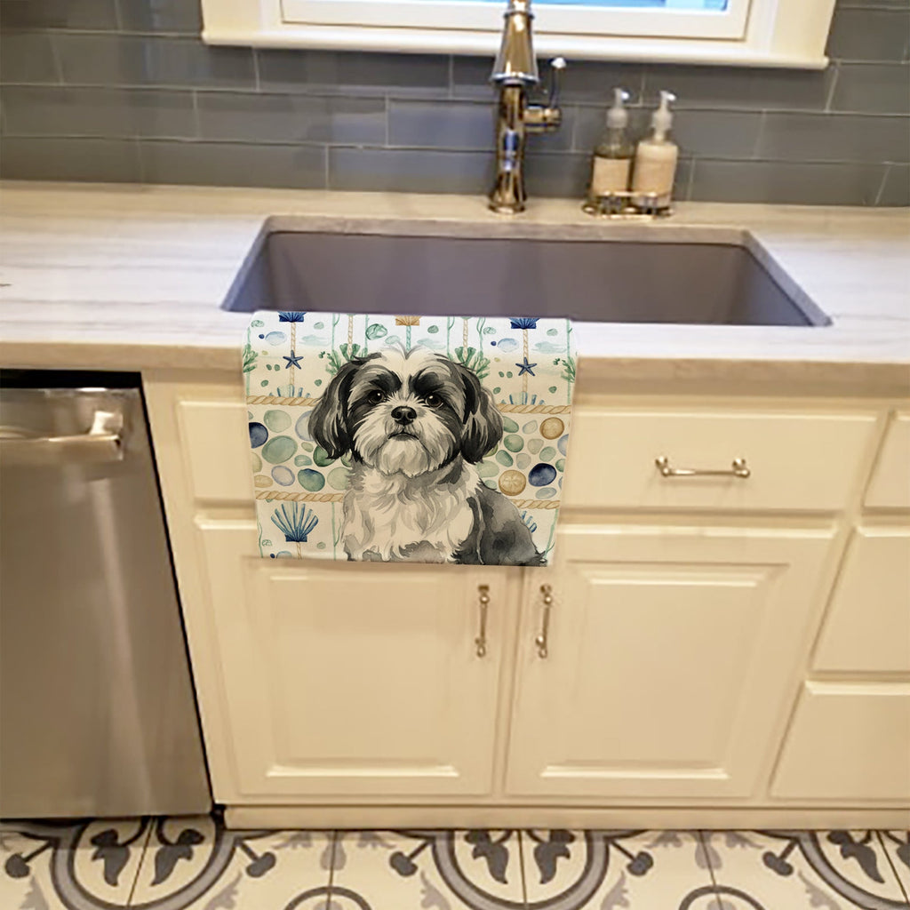 Black and White Shih Tzu Coastal Sea Glass Kitchen Towel Velour Plush Front and Cotton Loop Back Machine Washable